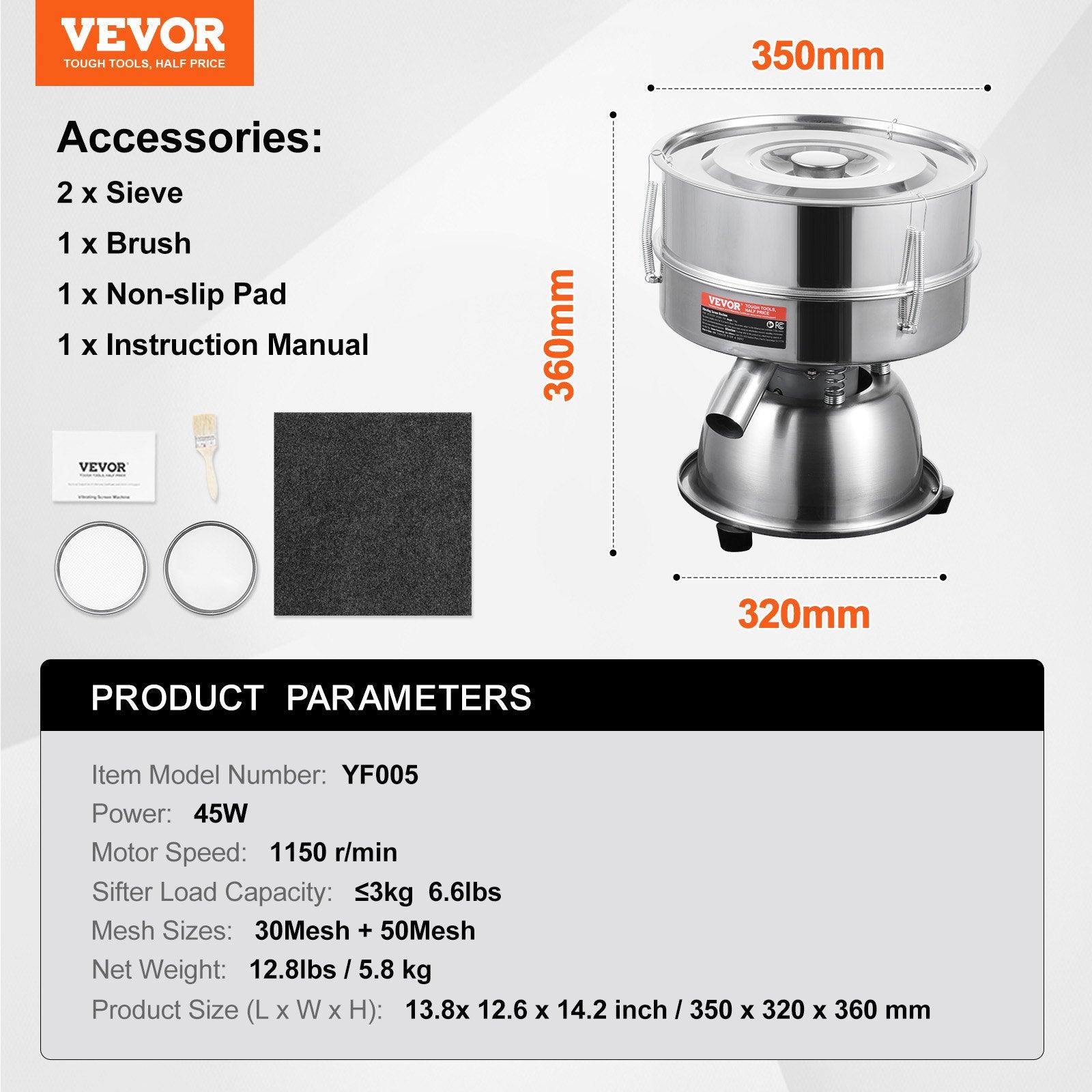 Automatic Electric Vibrating Sieve, Stainless Steel Sifter Shaker 45W for Flour