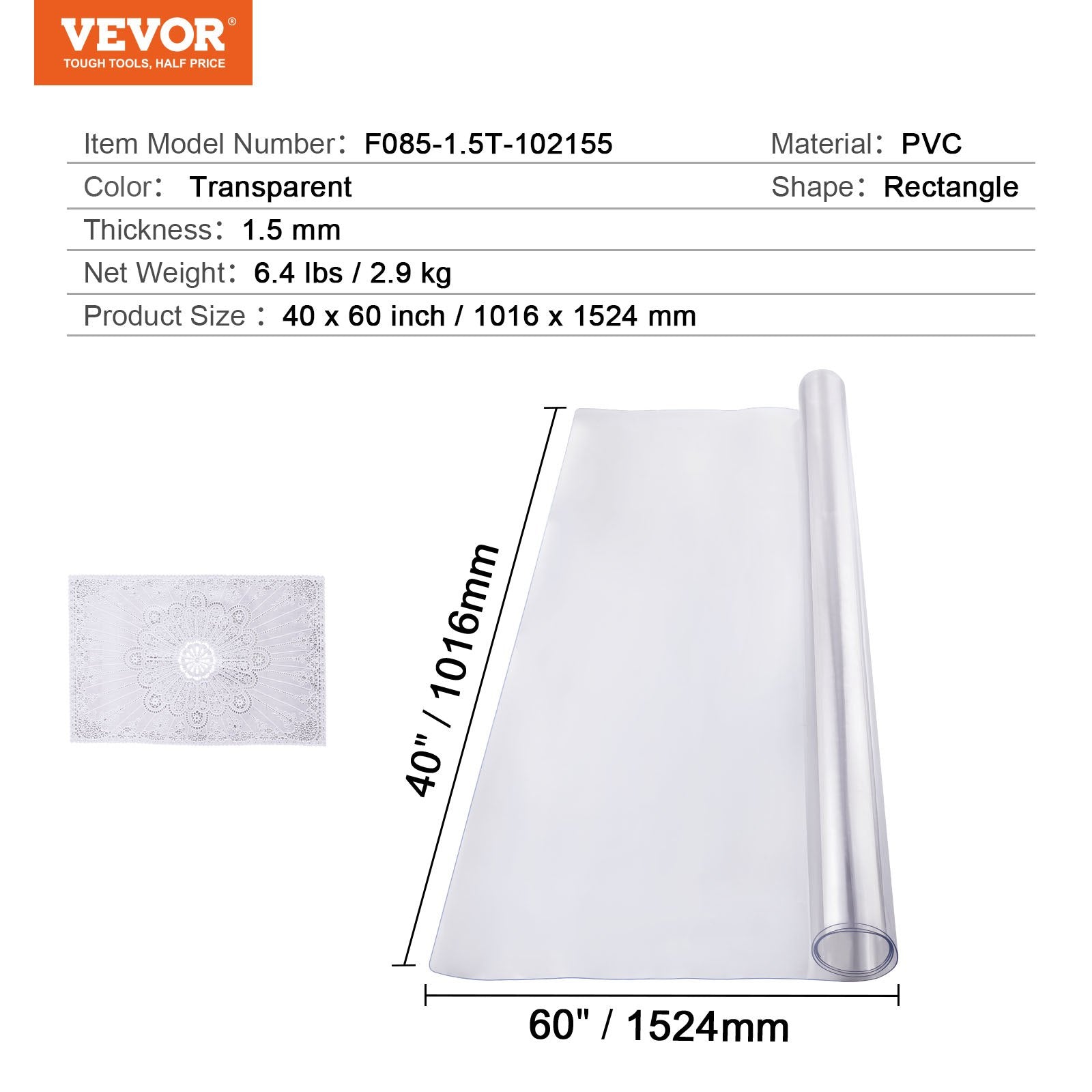 Plastic Table Cover 40x60 in 1.5mm Clear PVC Waterproof Desk Protector