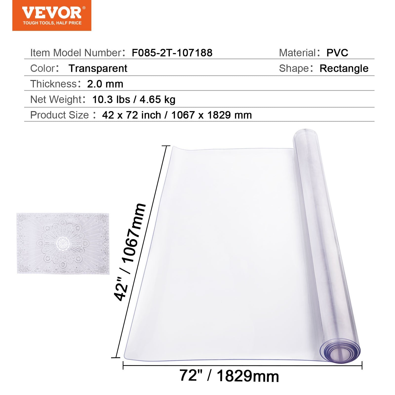 Plastic Table Cover 42x72in Clear PVC Desk Mat Waterproof Easy Clean Tablecloth