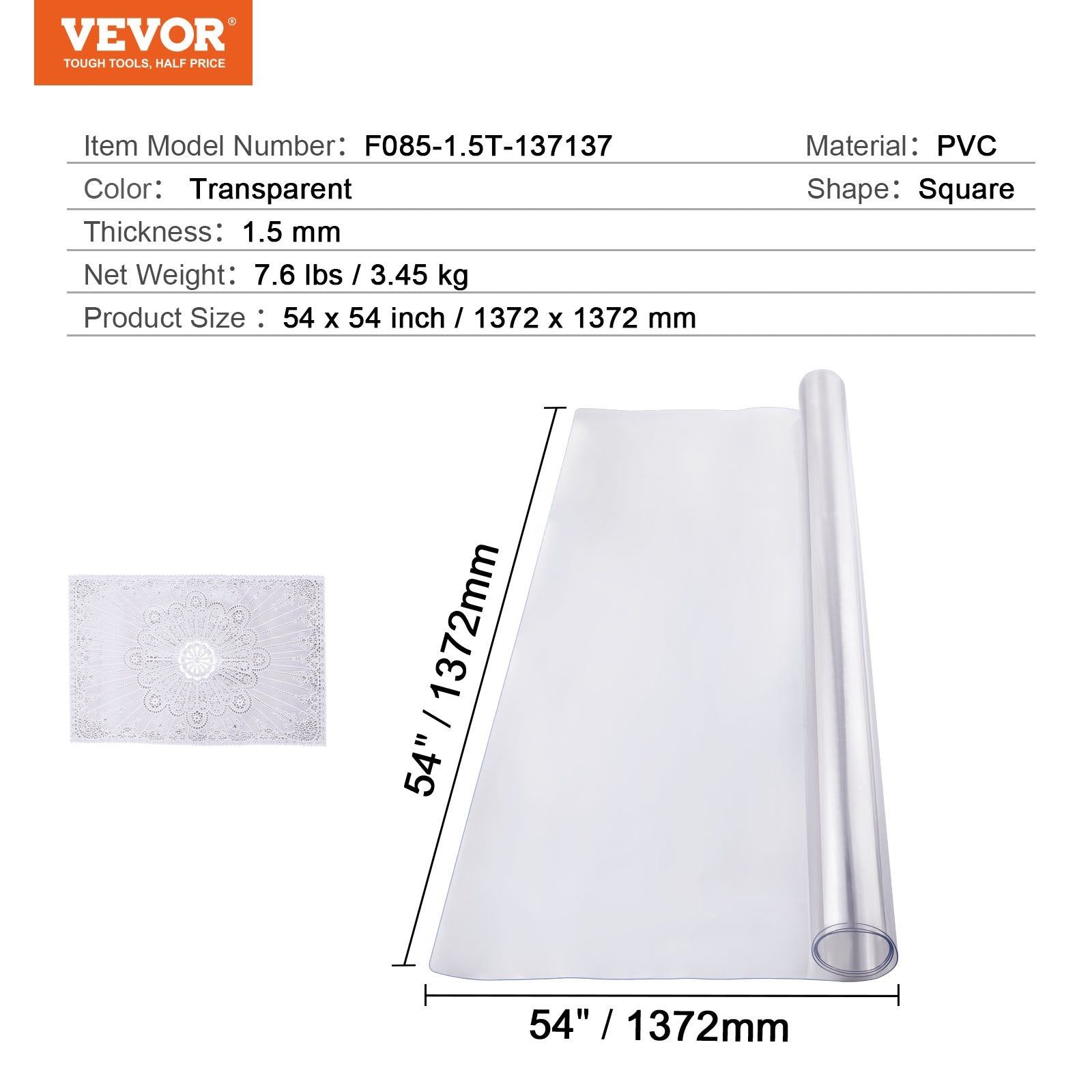 Plastic Table Cover 54x54in Clear PVC Desk Mat Waterproof Easy Clean Tablecloth