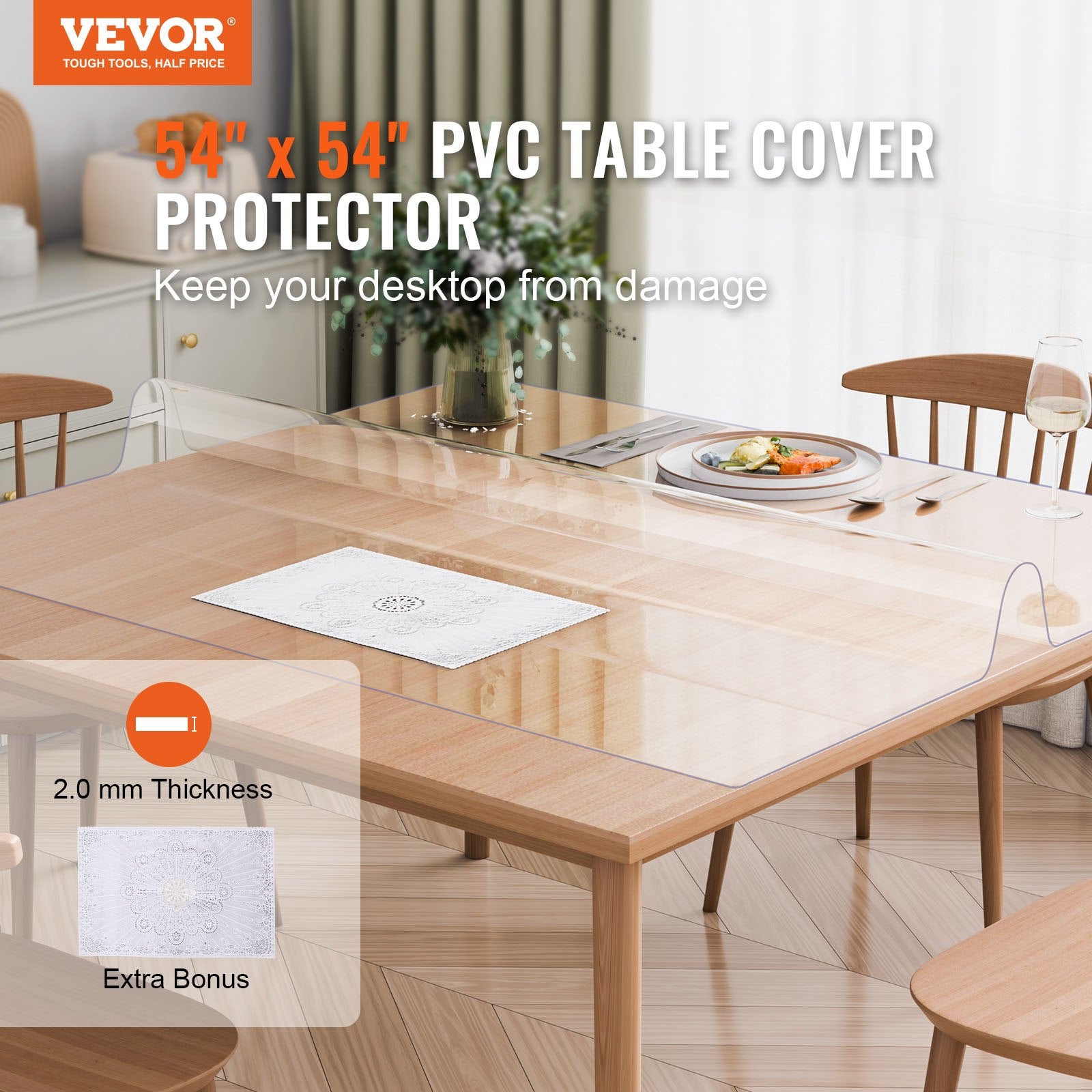 Plastic Table Cover 54x54in Clear PVC Desk Mat Waterproof Easy Clean Tablecloth