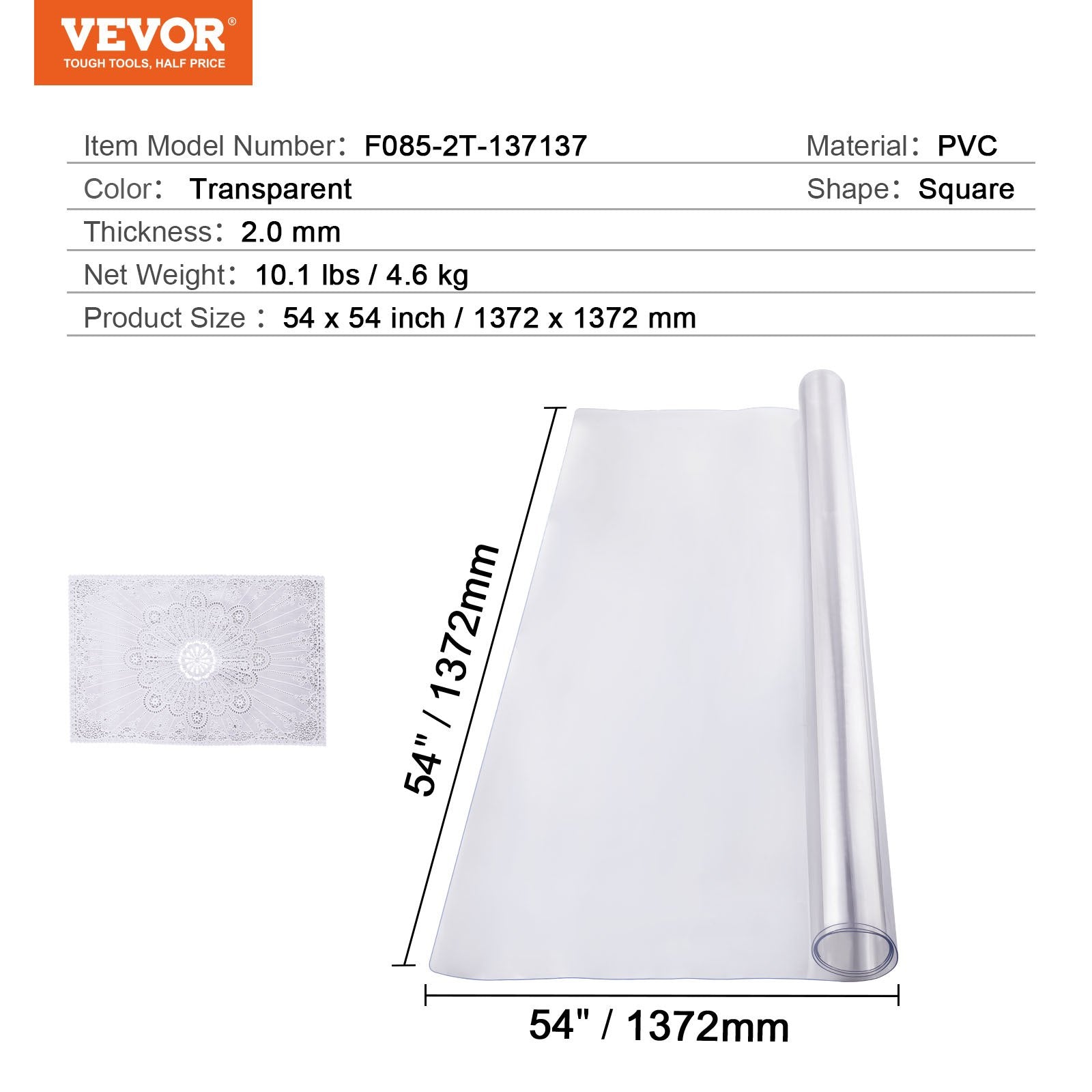 Plastic Table Cover 54x54in Clear PVC Desk Mat Waterproof Easy Clean Tablecloth