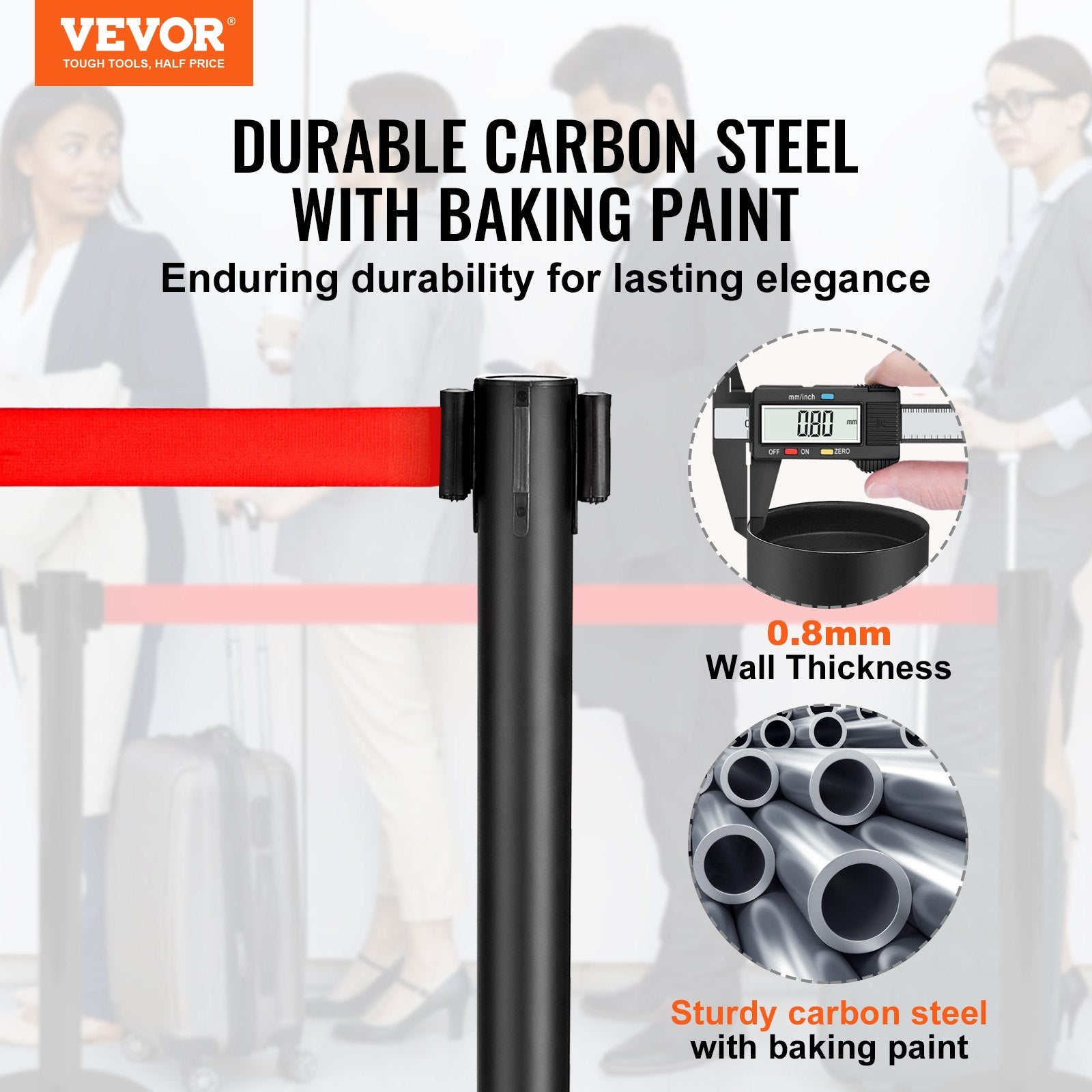 Crowd Control Stanchions 2-Pack Steel Queue Posts with 11FT Red Retractable Belt