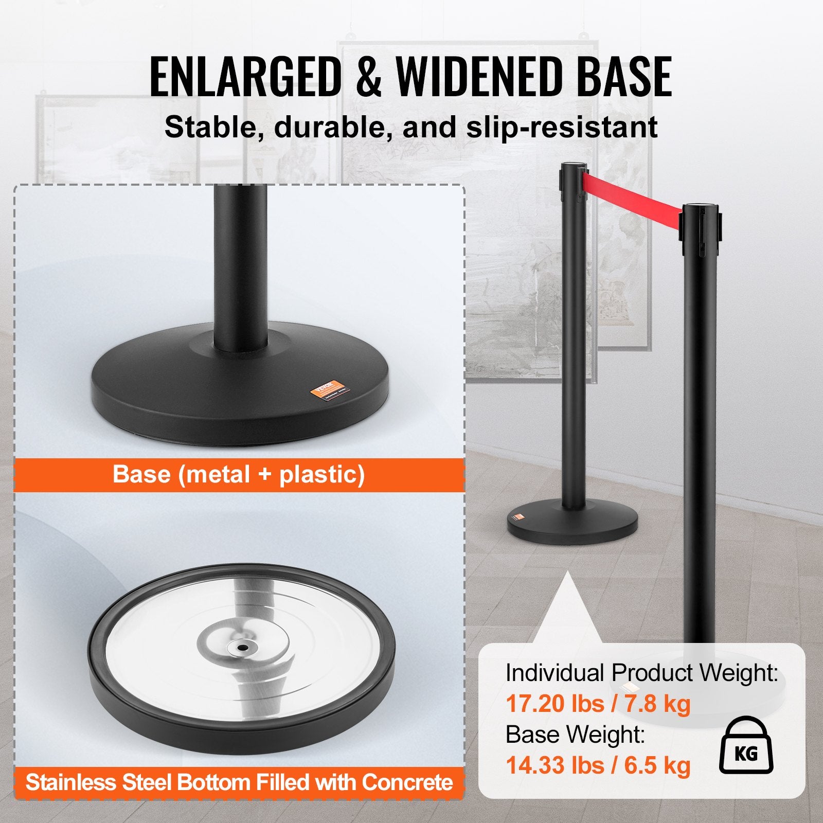 Crowd Control Stanchions 2-Pack Steel Queue Posts with 11FT Red Retractable Belt