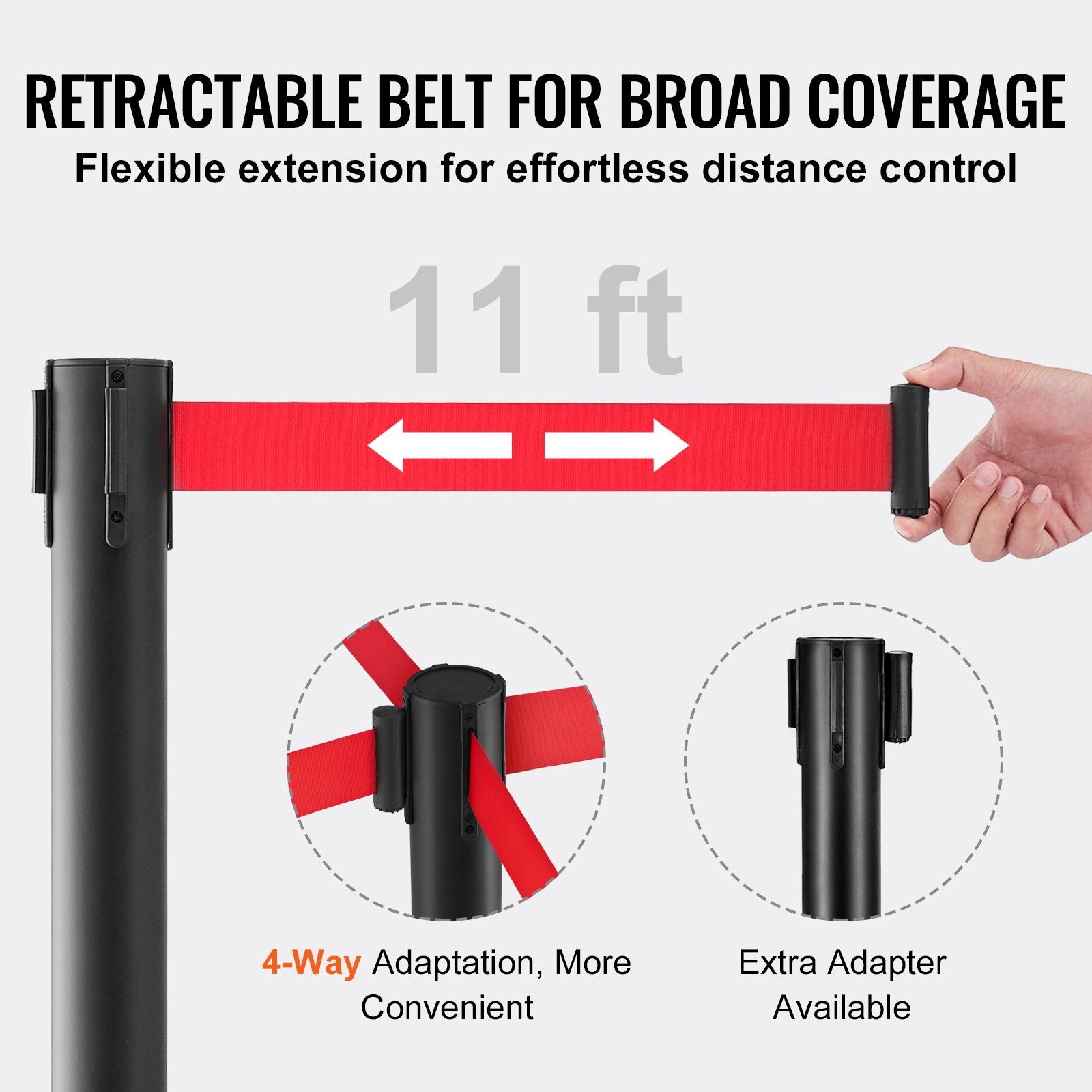 Crowd Control Stanchions 2-Pack Steel Queue Posts with 11FT Red Retractable Belt