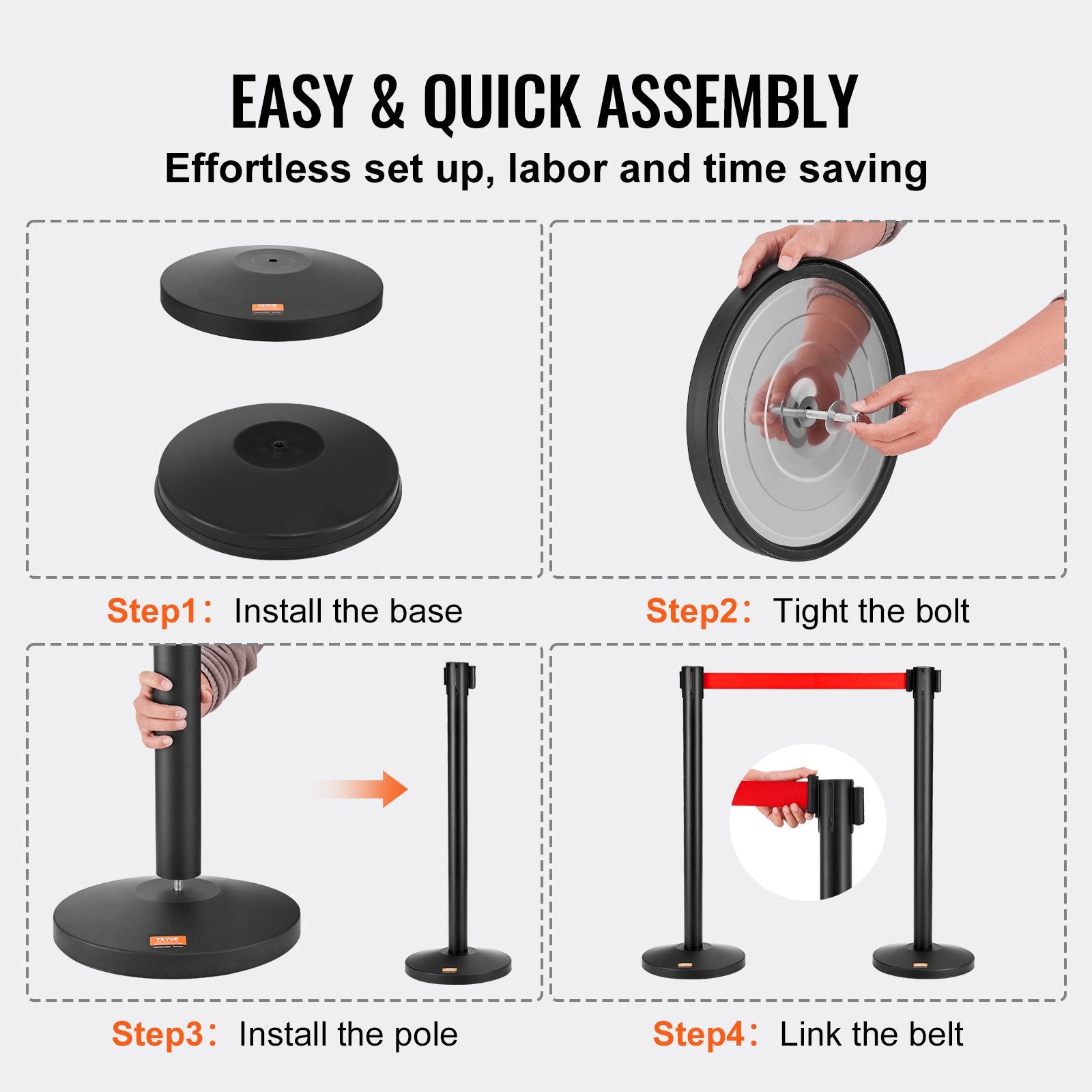 Crowd Control Stanchions 2-Pack Steel Queue Posts with 11FT Red Retractable Belt