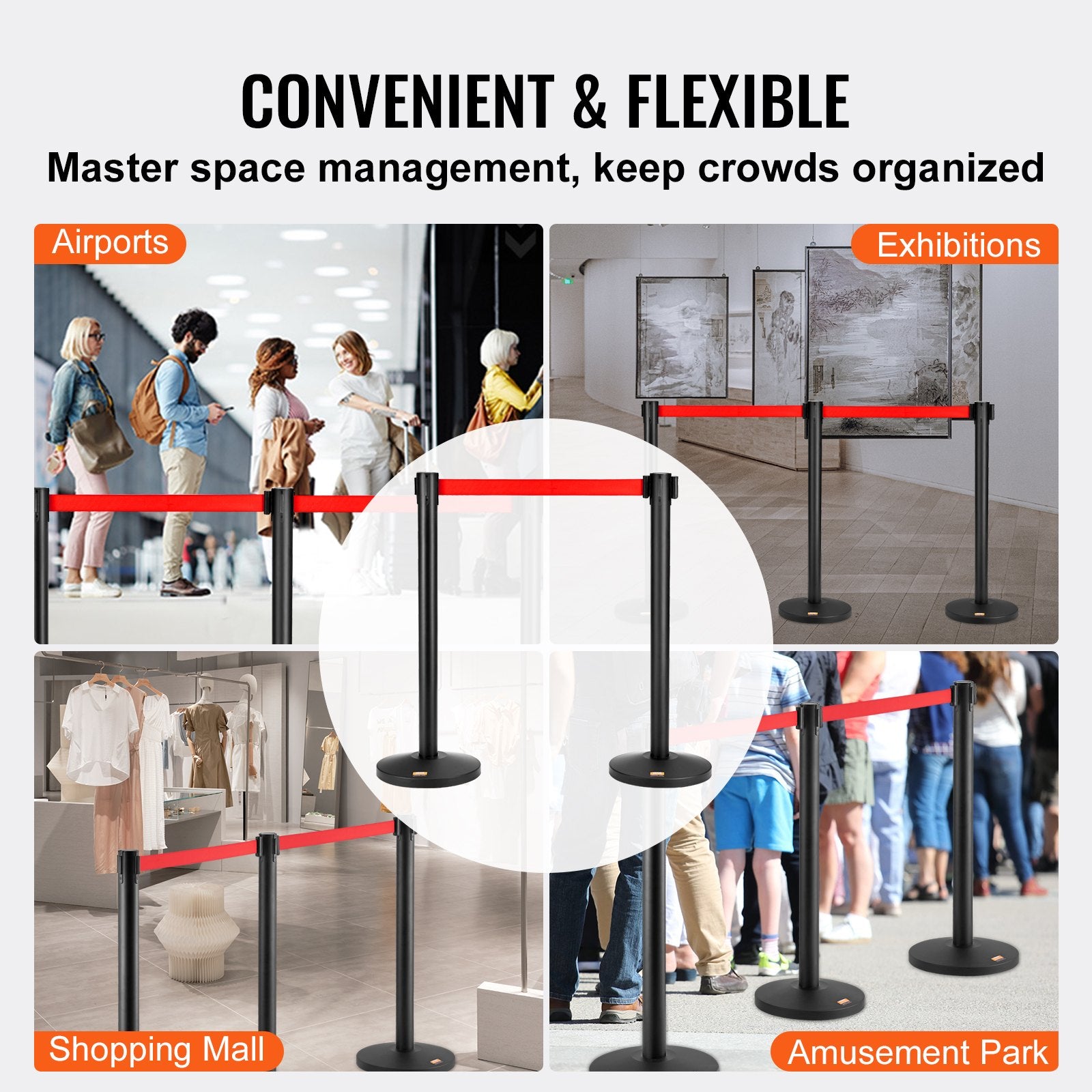 Crowd Control Stanchions 2-Pack Steel Queue Posts with 11FT Red Retractable Belt
