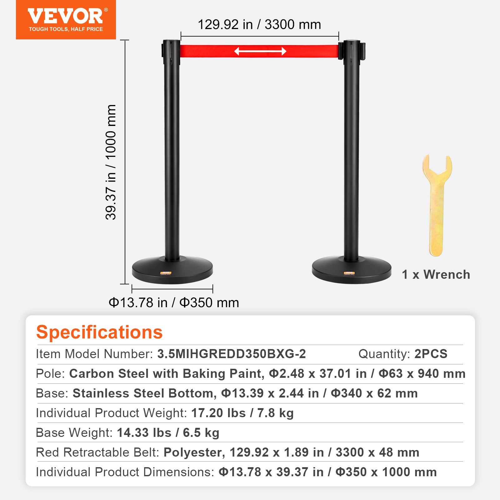 Crowd Control Stanchions 2-Pack Steel Queue Posts with 11FT Red Retractable Belt