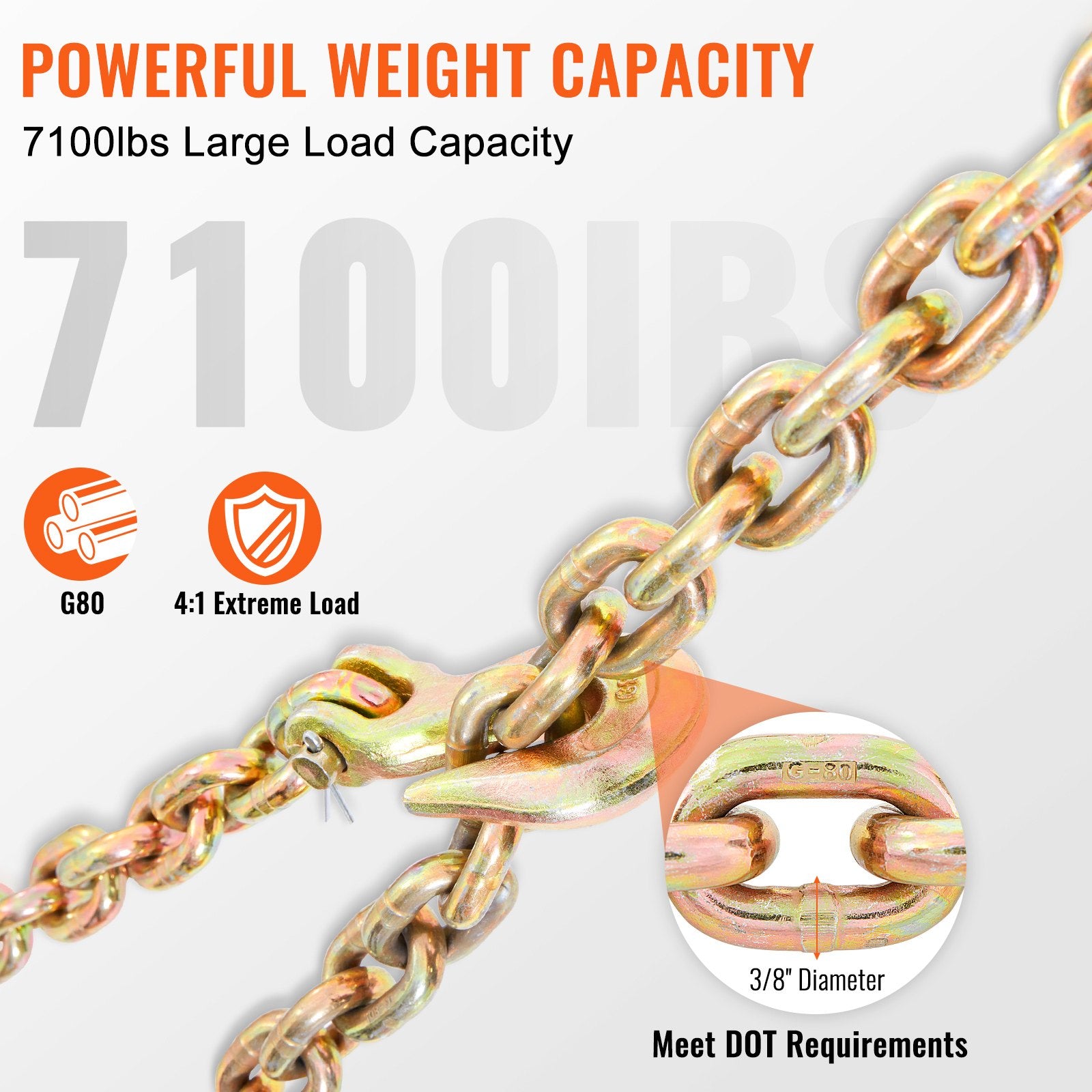 Transport Binder Chain 220kg 3/8" x 20' G80 Tow Chain Grab Hooks Galvanized