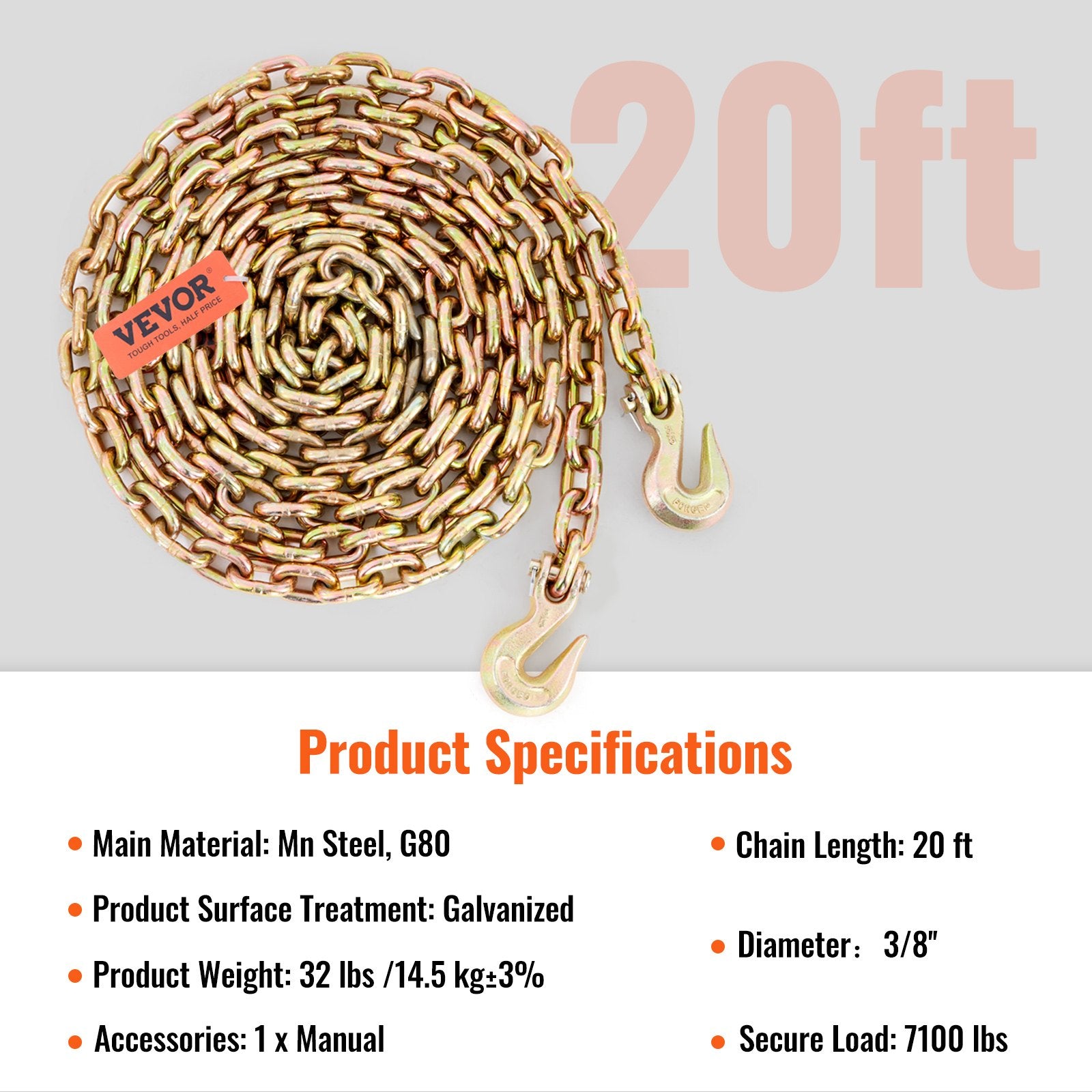 Transport Binder Chain 220kg 3/8" x 20' G80 Tow Chain Grab Hooks Galvanized