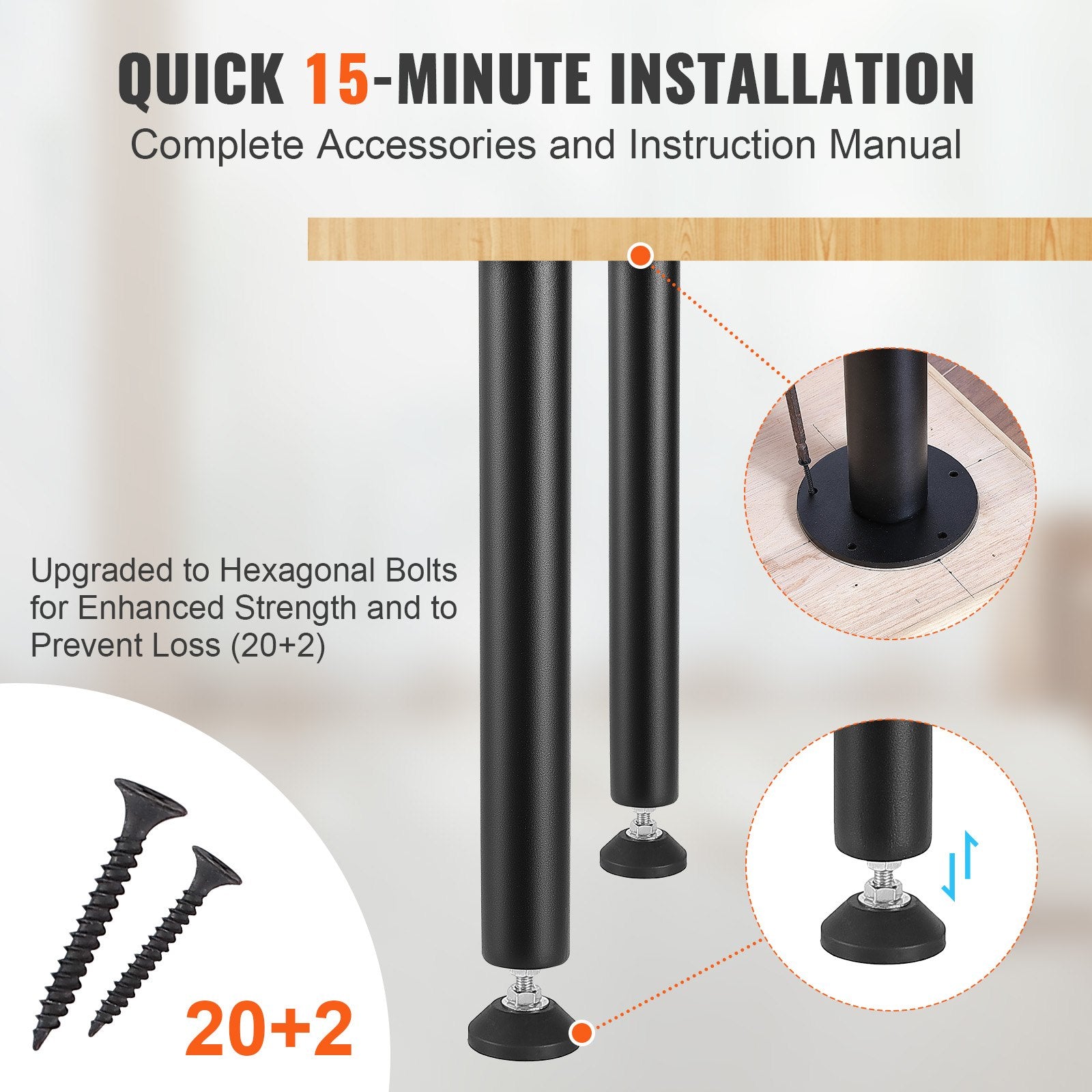 Adjustable Desk Legs 406.4MM Set of 4, Reinforced Steel, 1200lbs Load, Black