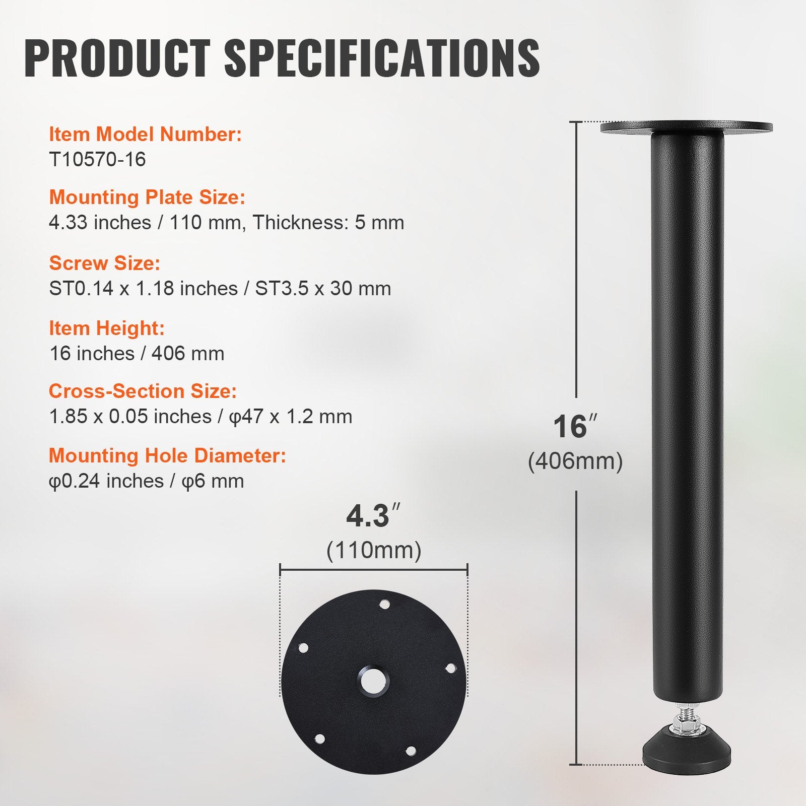 Adjustable Desk Legs 406.4MM Set of 4, Reinforced Steel, 1200lbs Load, Black