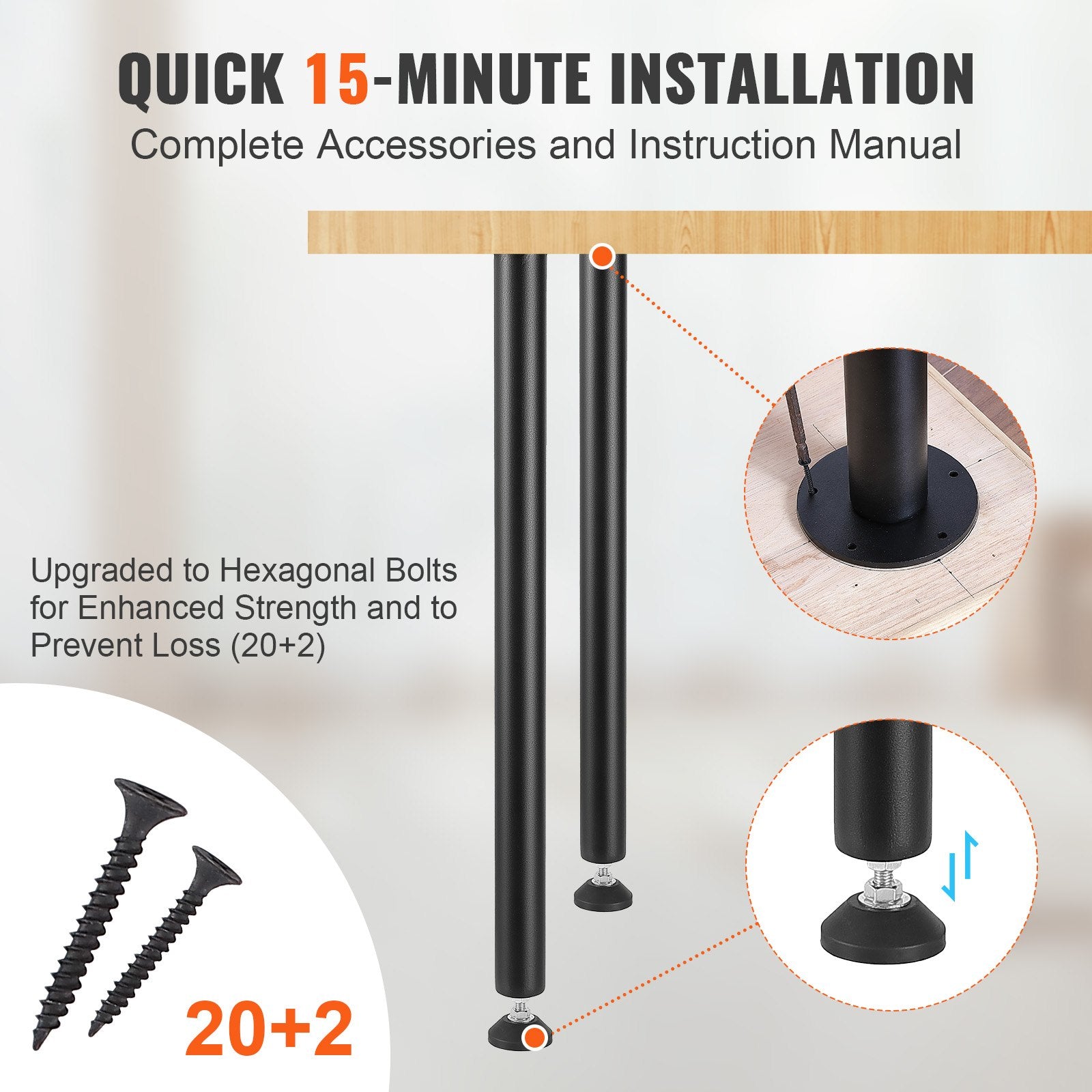 Adjustable Desk Legs 762MM Set of 4, Reinforced Steel, 544.3KG Load, Black