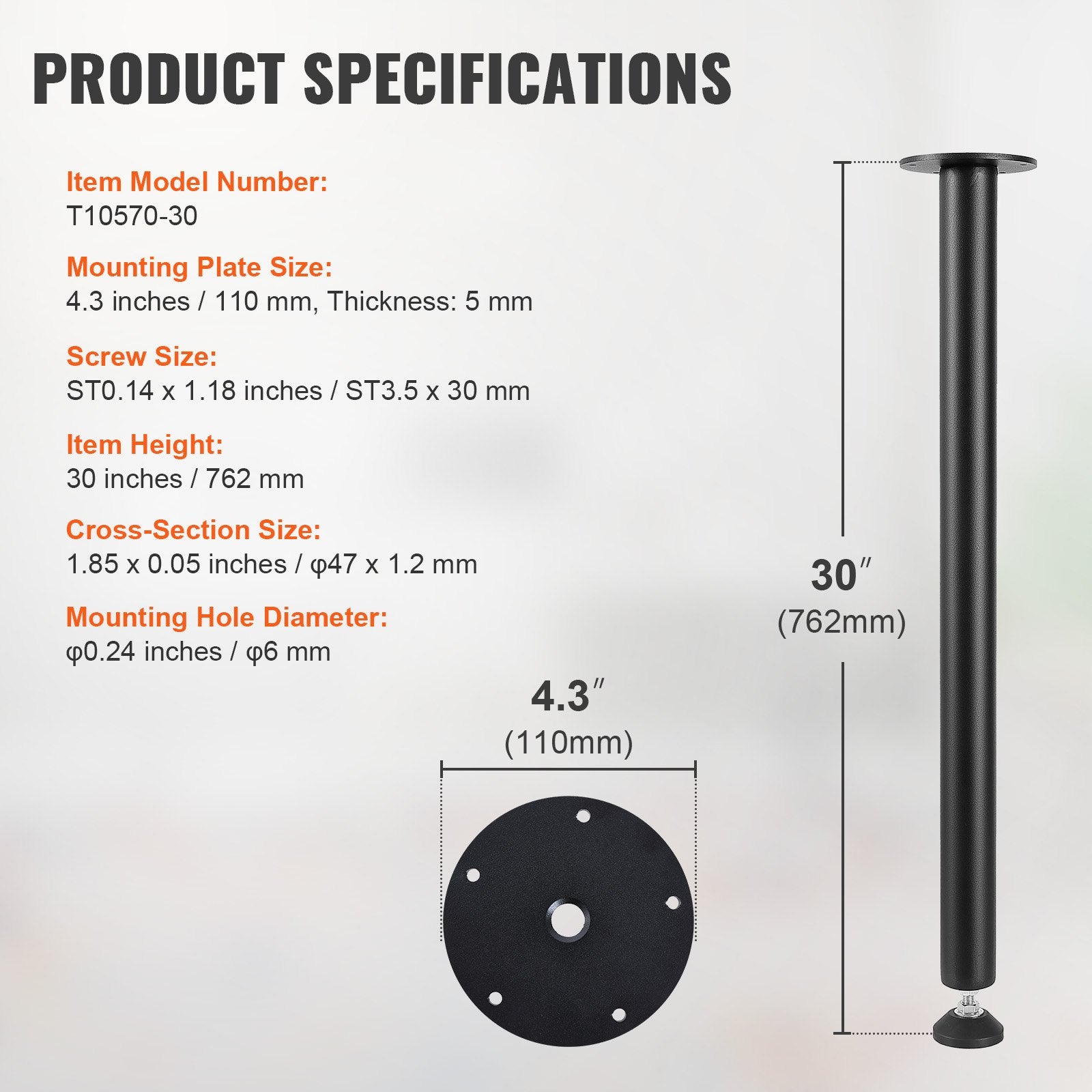 Adjustable Desk Legs 762MM Set of 4, Reinforced Steel, 544.3KG Load, Black