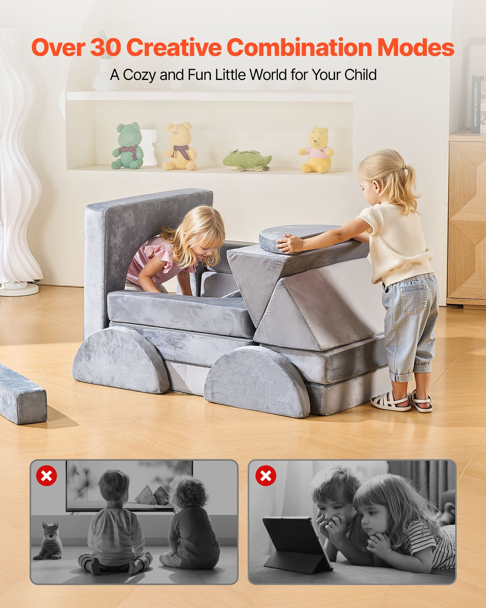 Modular Kids Play Couch 14Pcs, Sectional Toddler Sofa Convertible DIY Gray
