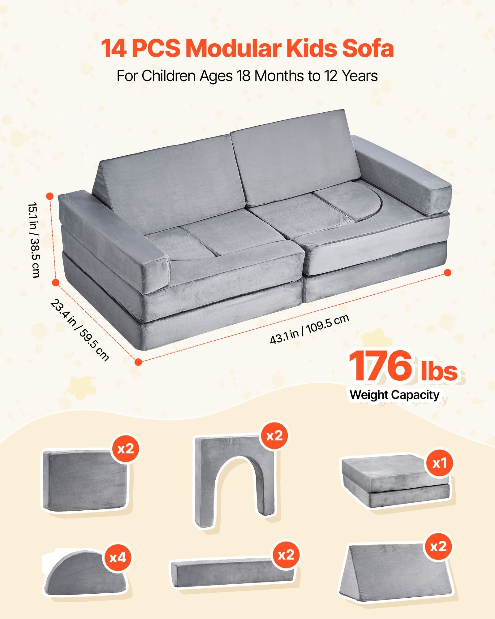 Modular Kids Play Couch 14Pcs, Sectional Toddler Sofa Convertible DIY Gray