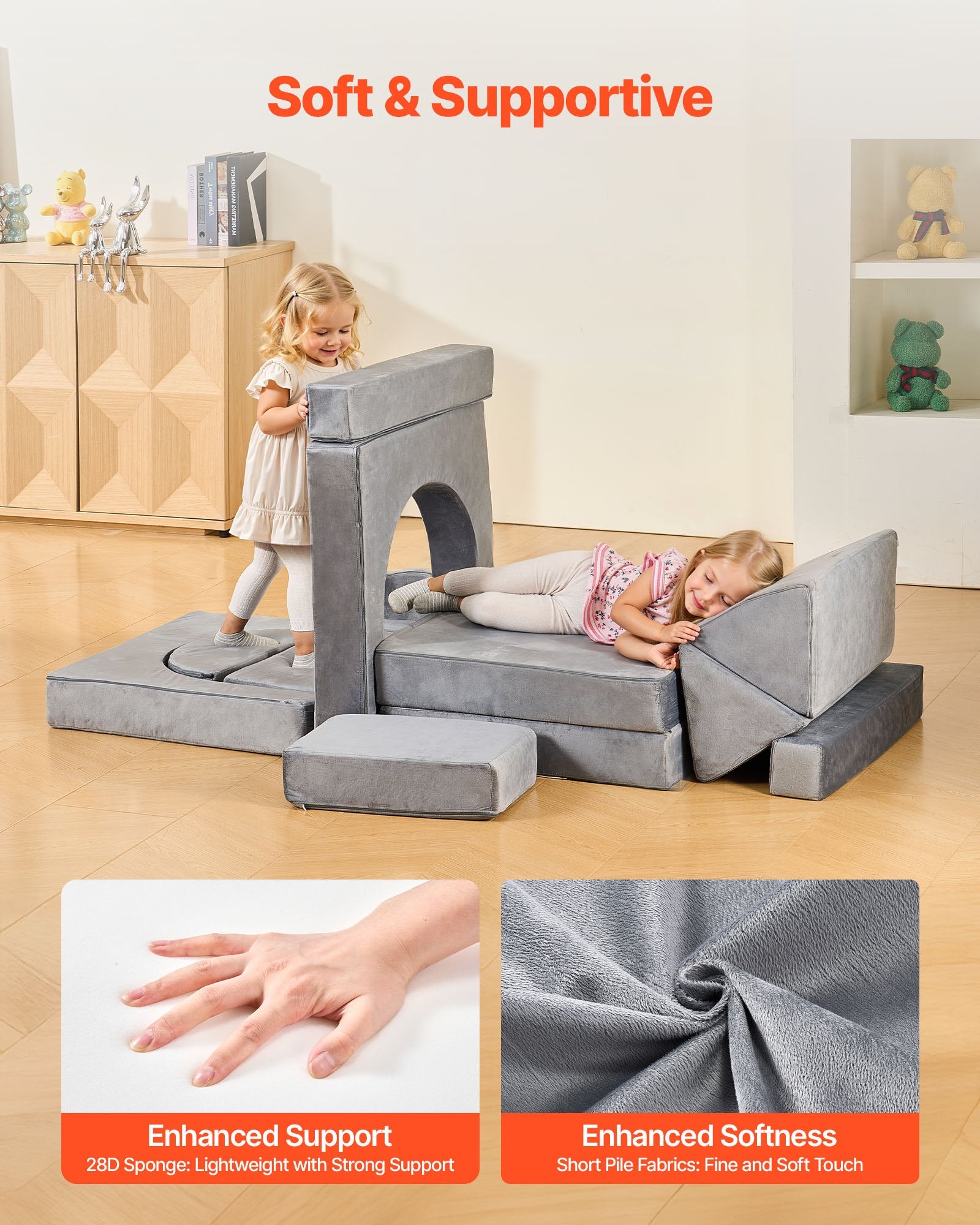 Modular Kids Play Couch 14Pcs, Sectional Toddler Sofa Convertible DIY Gray