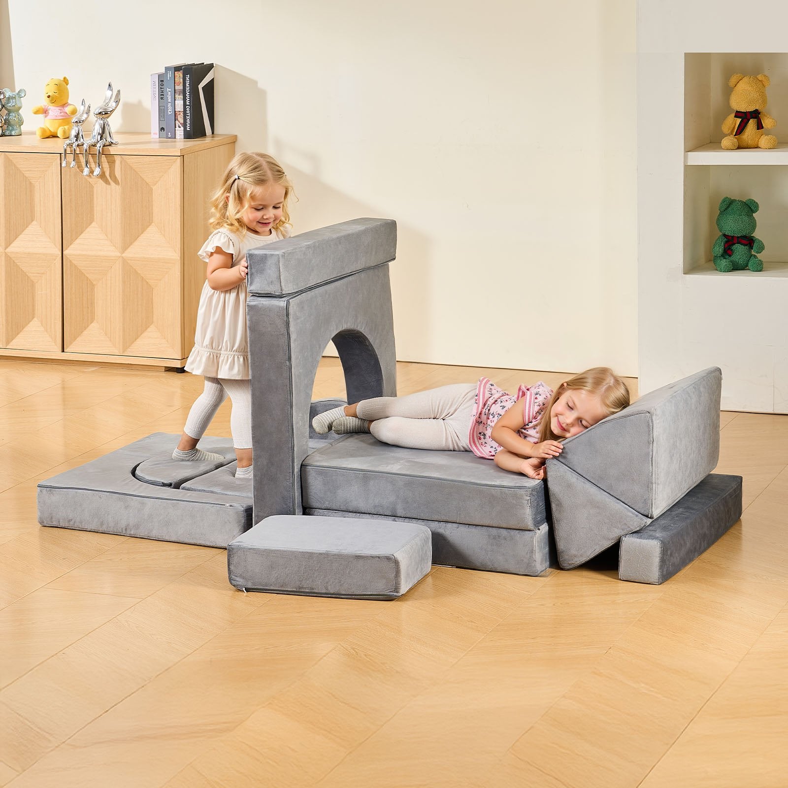 Modular Kids Play Couch 14Pcs, Sectional Toddler Sofa Convertible DIY Gray