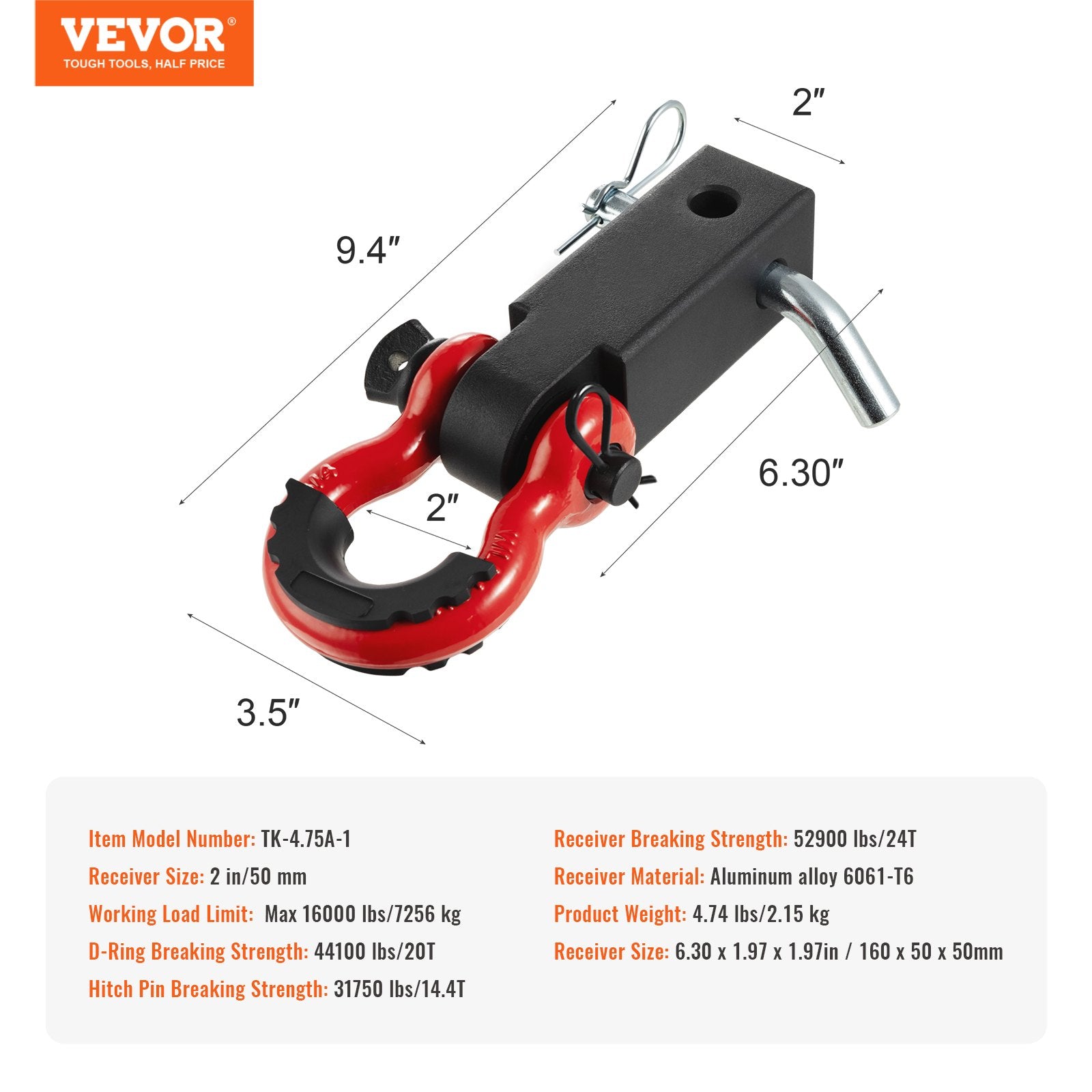 Shackle Hitch Receiver 50mm 24 Ton D-Ring with Trailer Hitch Lock Pin