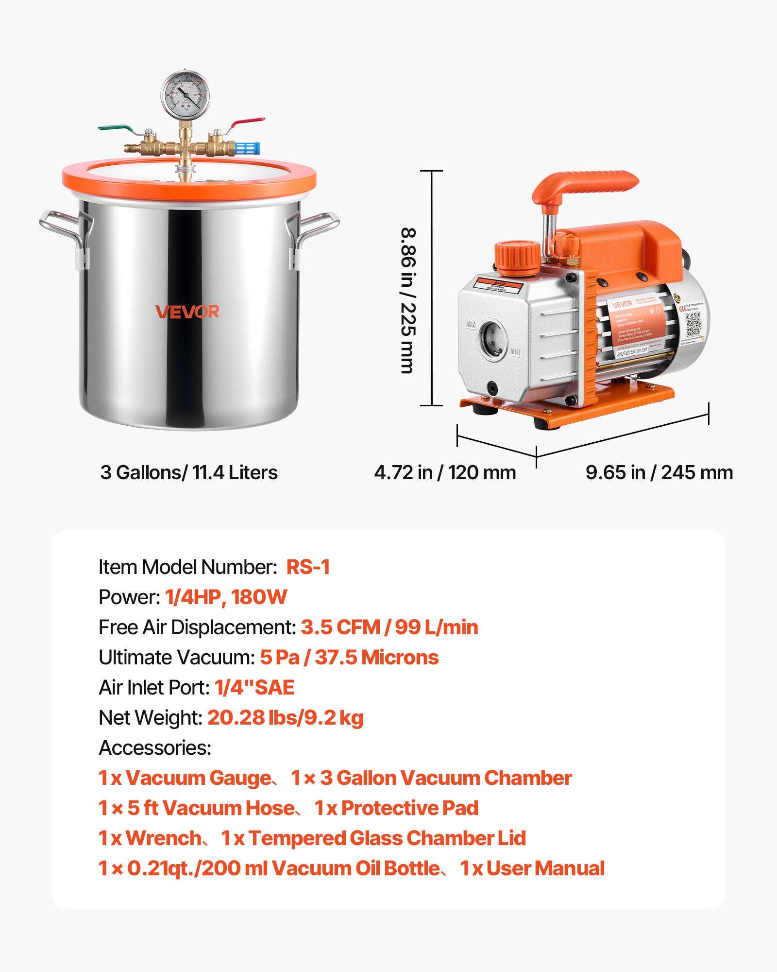 11.36L Vacuum Chamber with 3.5 CFM Pump, Stainless Steel Degassing Kit with Lid