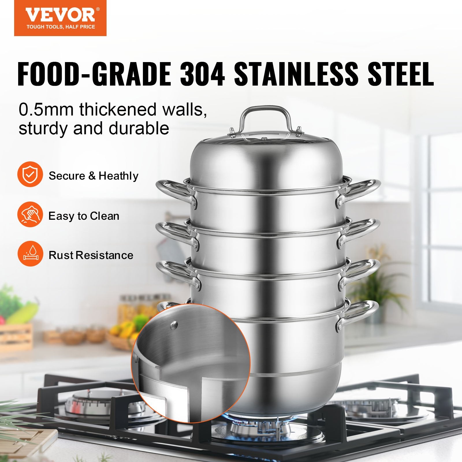 Steamer Pot 11.8"/30cm 5-Tier 10QT Stock Pot 3 Steamers 2 Trays Stainless