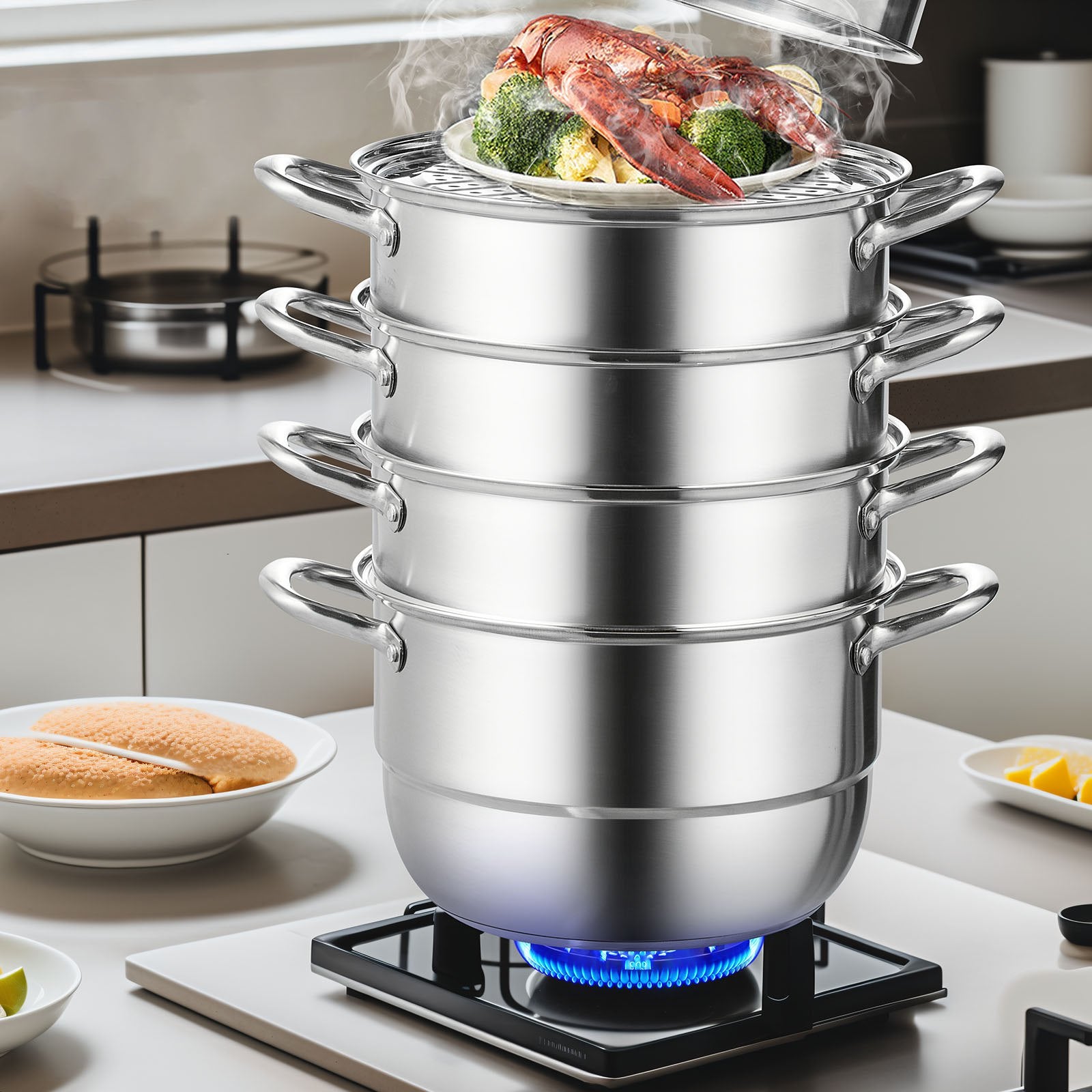 Steamer Pot 11.8"/30cm 5-Tier 10QT Stock Pot 3 Steamers 2 Trays Stainless