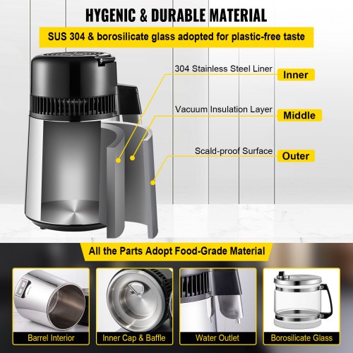VEVOR Stainless Steel Water Distiller 1.1 Gal 0.3 Gal/H 750W Countertop