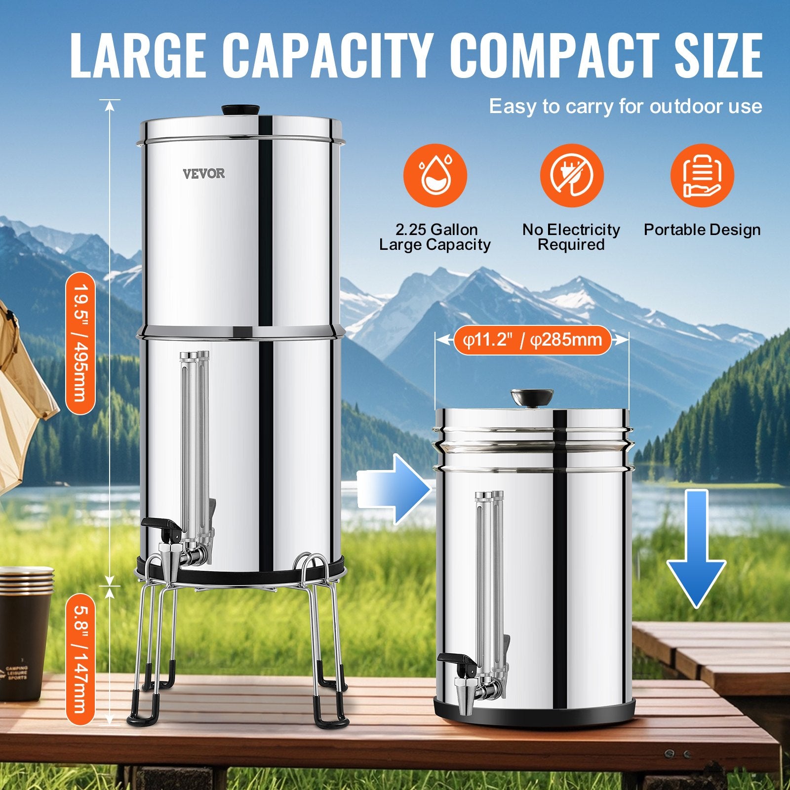 Gravity-Fed Water Filter System, 2.25G 304 Stainless Steel with 2 Carbon Filters