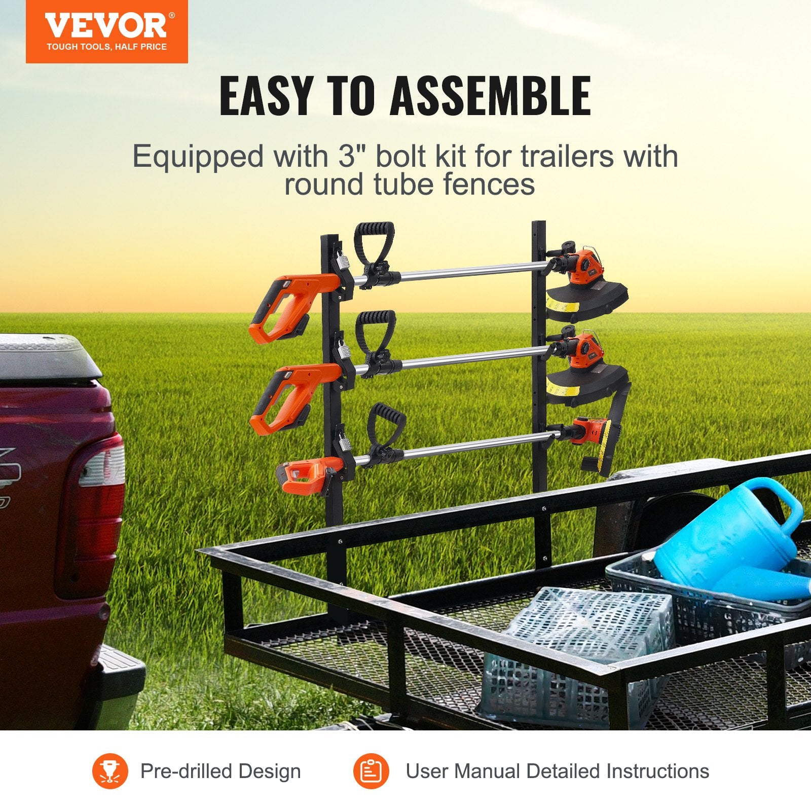 3 Place Trimmer Rack Locking Weeder Trimmer Holder for Pickup Trailer Pair