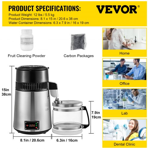 VEVOR 4L Stainless Steel Water Distiller Countertop Machine For Home