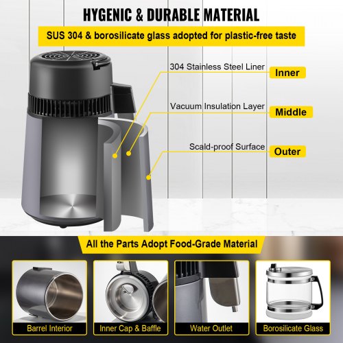 VEVOR 4L Distilled Water Machine 0.88 Gal Countertop Water Distiller - Grey