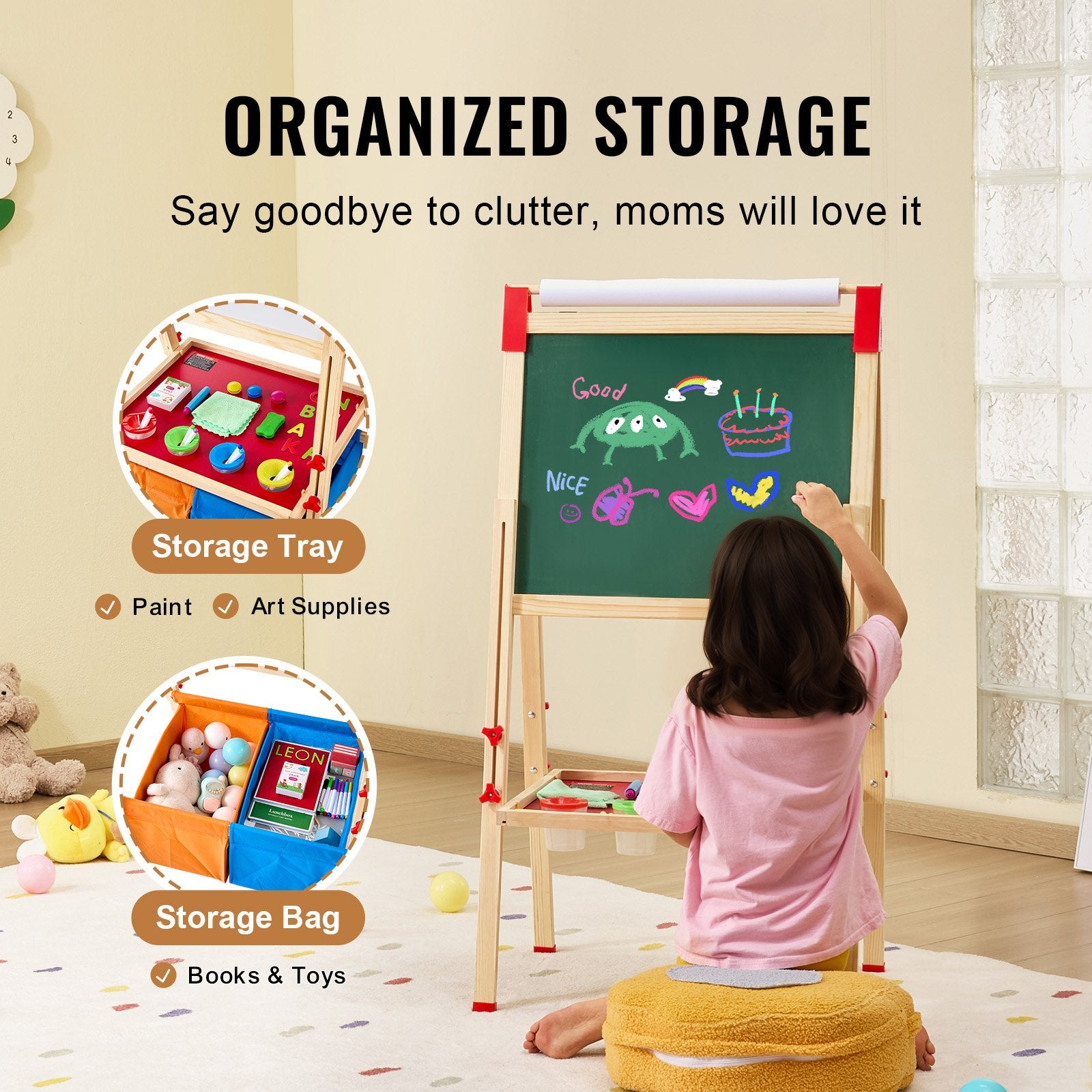 Art Easel for Kid 3in1 Wooden Double-Sided Adjustable Drawing Board with Storage