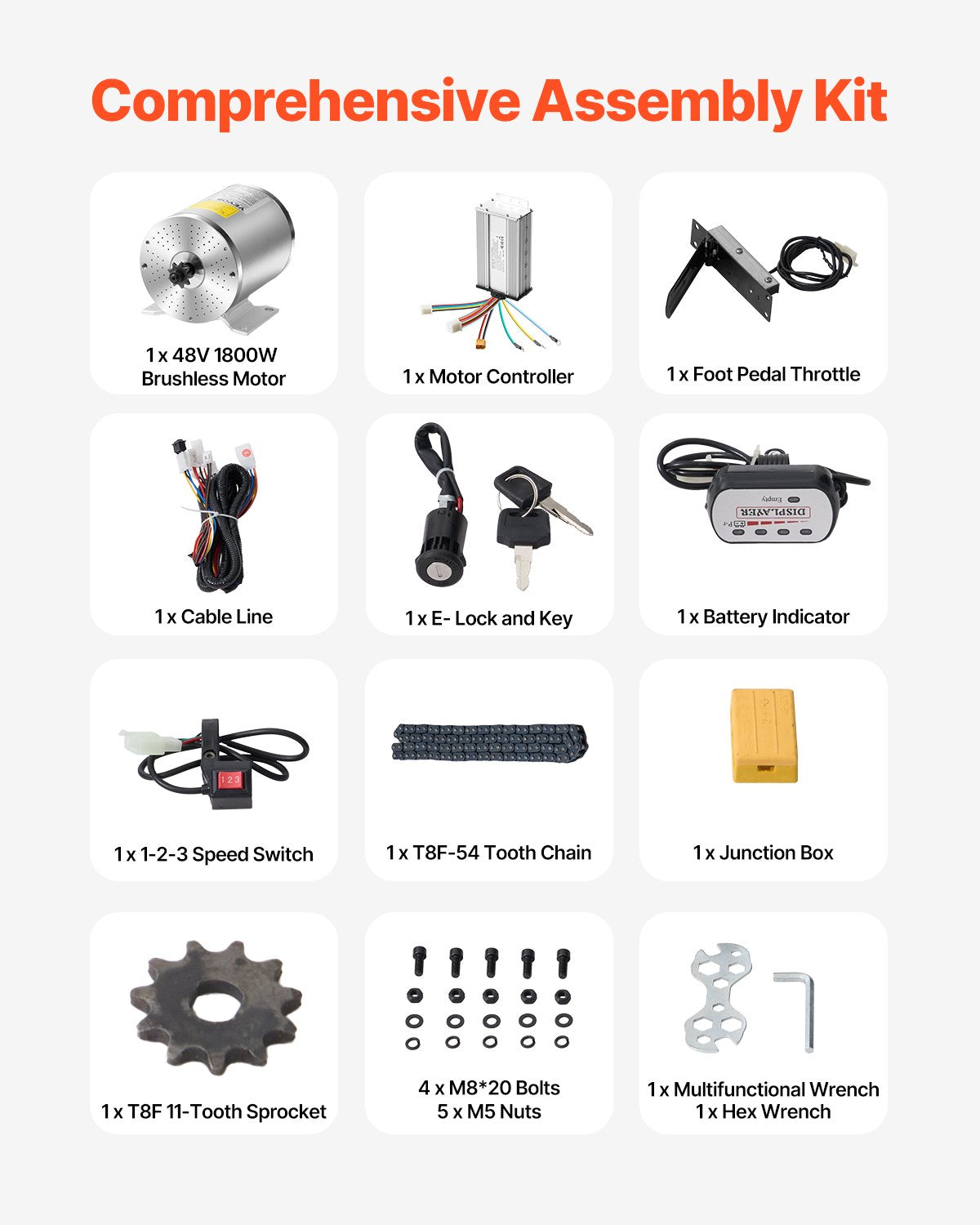 Brushless DC Motor Kit 1800W 48V 4500rpm Speed Controller Foot Pedal Throttle