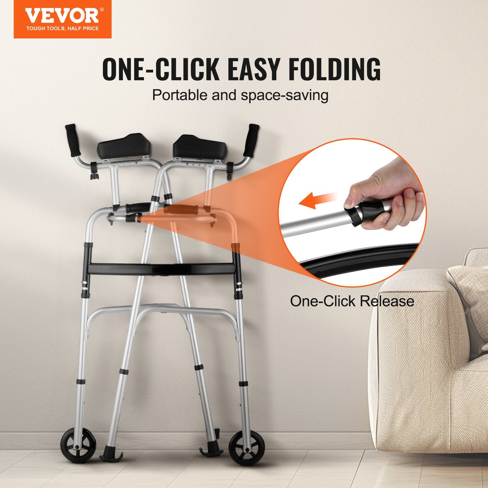 2-in-1 Folding Walker with Removable Armrests 5in Wheels Adjustable Aluminum