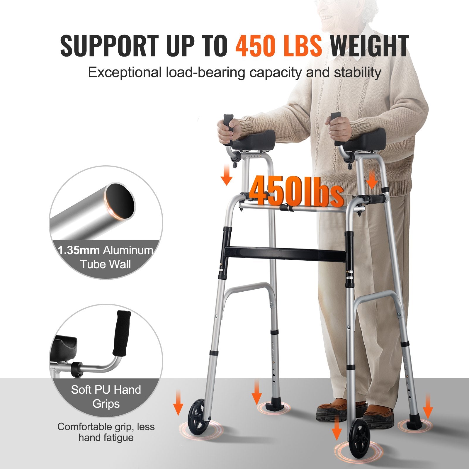 2-in-1 Folding Walker with Removable Armrests 5in Wheels Adjustable Aluminum