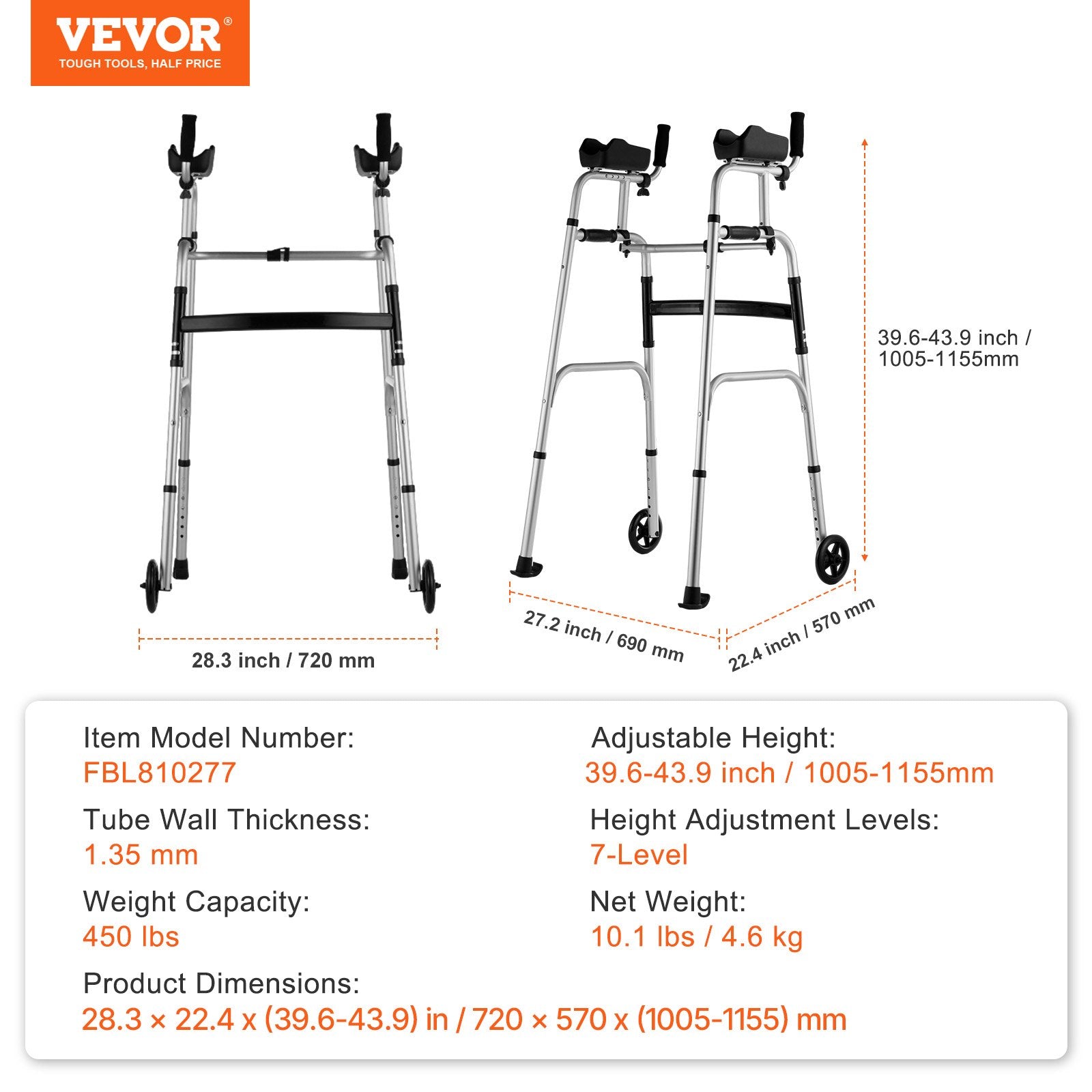2-in-1 Folding Walker with Removable Armrests 5in Wheels Adjustable Aluminum