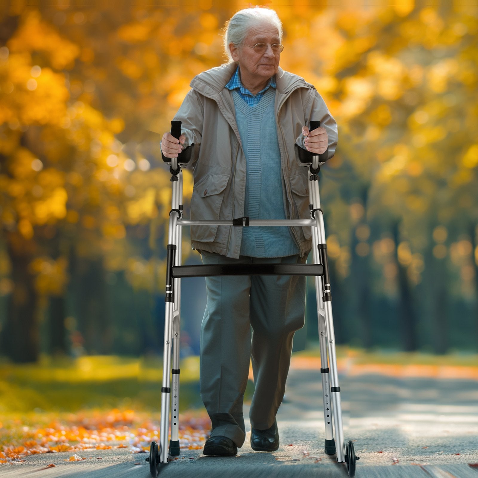 2-in-1 Folding Walker with Removable Armrests 5in Wheels Adjustable Aluminum