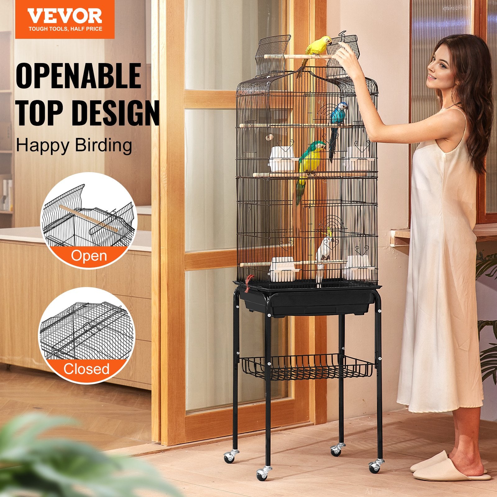 Large Bird Cage, 62 in Open Top Parakeet Cage with Rolling Stand