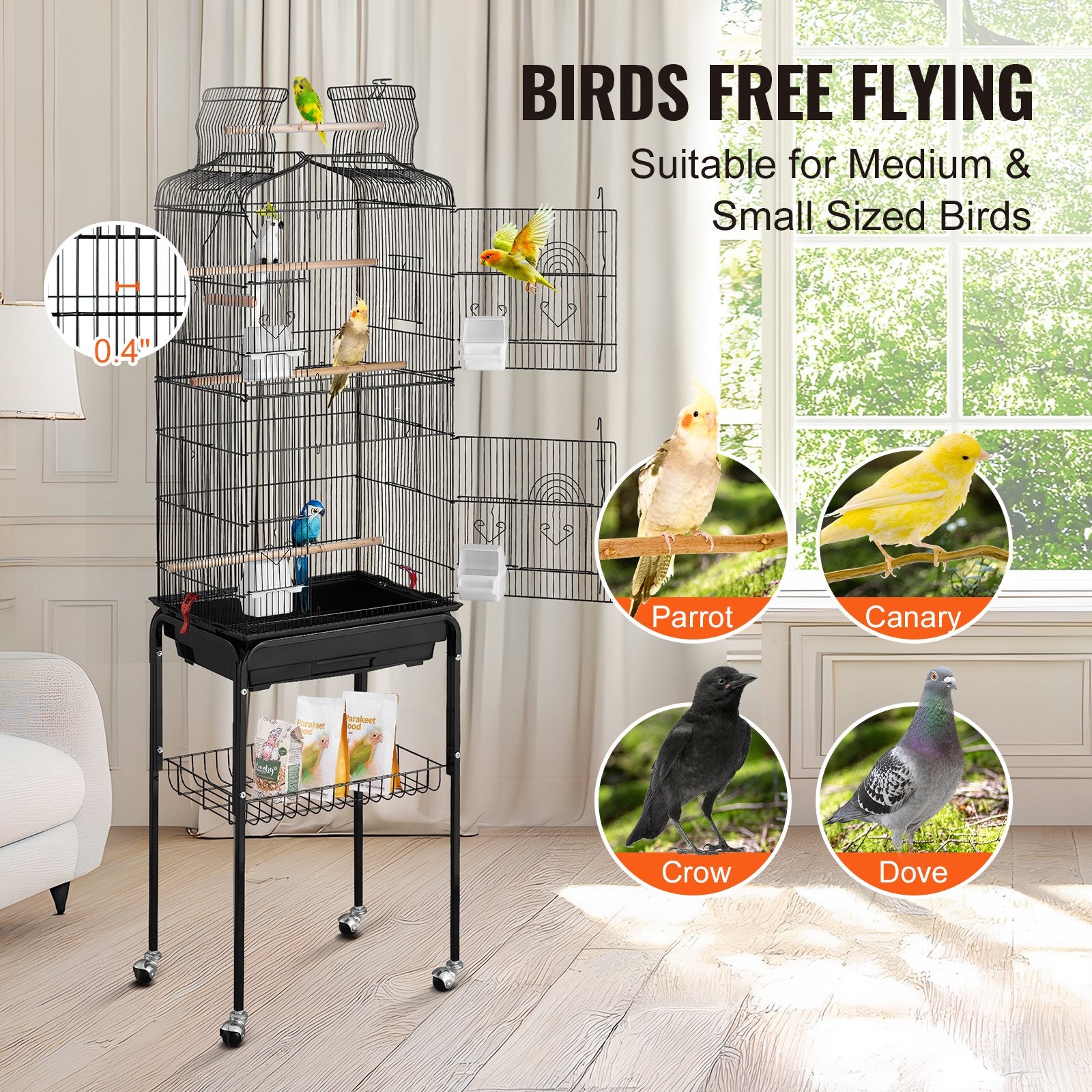 Large Bird Cage, 62 in Open Top Parakeet Cage with Rolling Stand