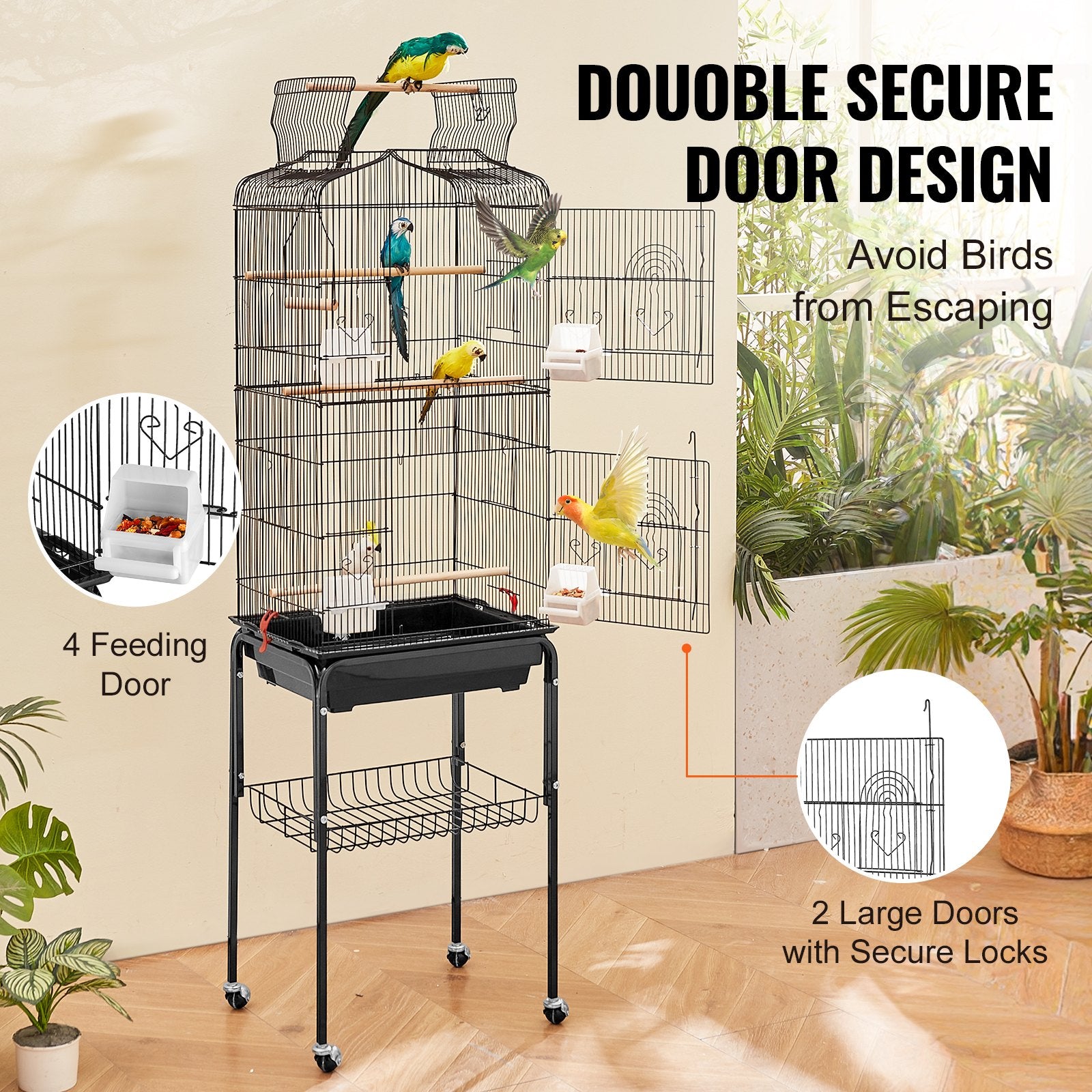 Large Bird Cage, 62 in Open Top Parakeet Cage with Rolling Stand
