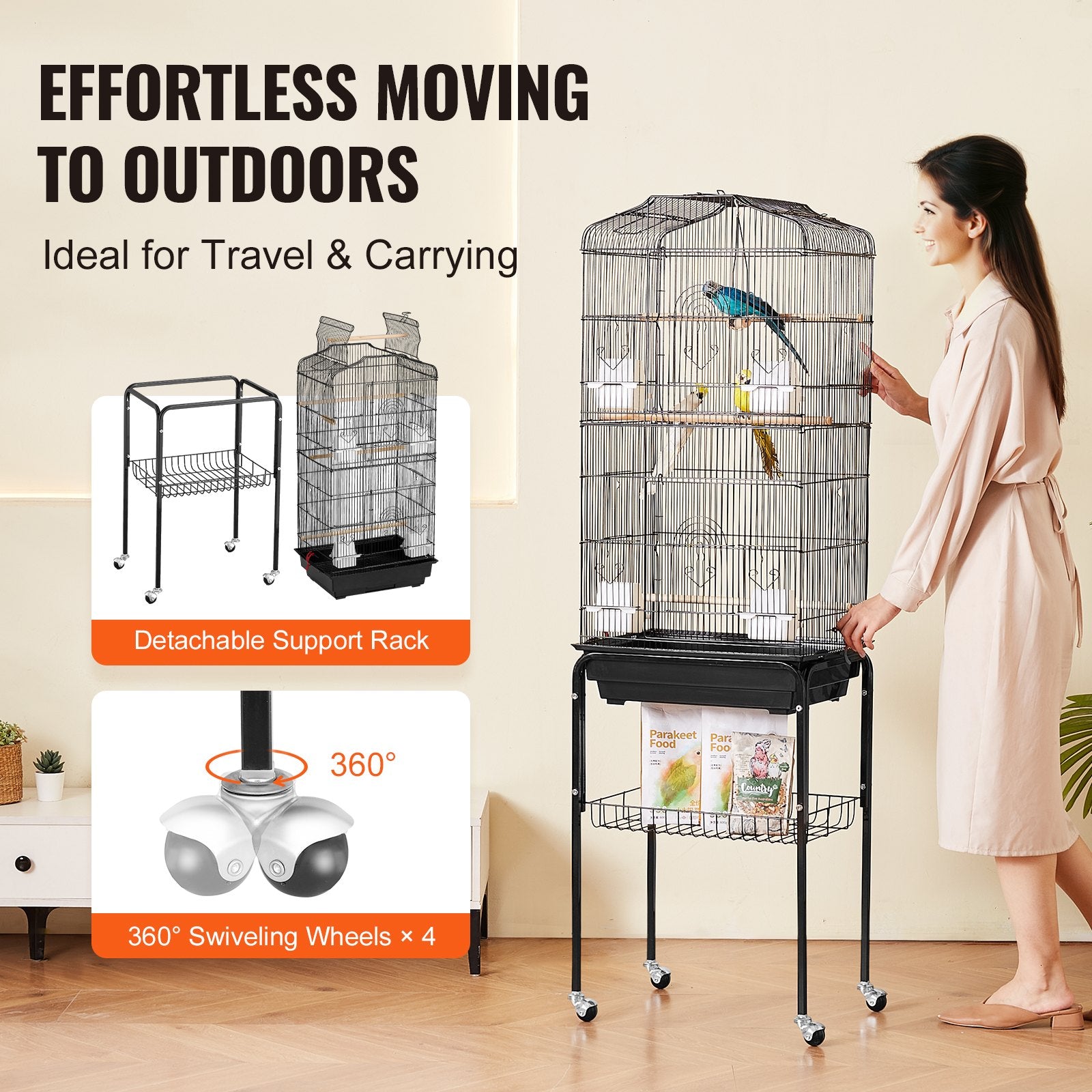 Large Bird Cage, 62 in Open Top Parakeet Cage with Rolling Stand