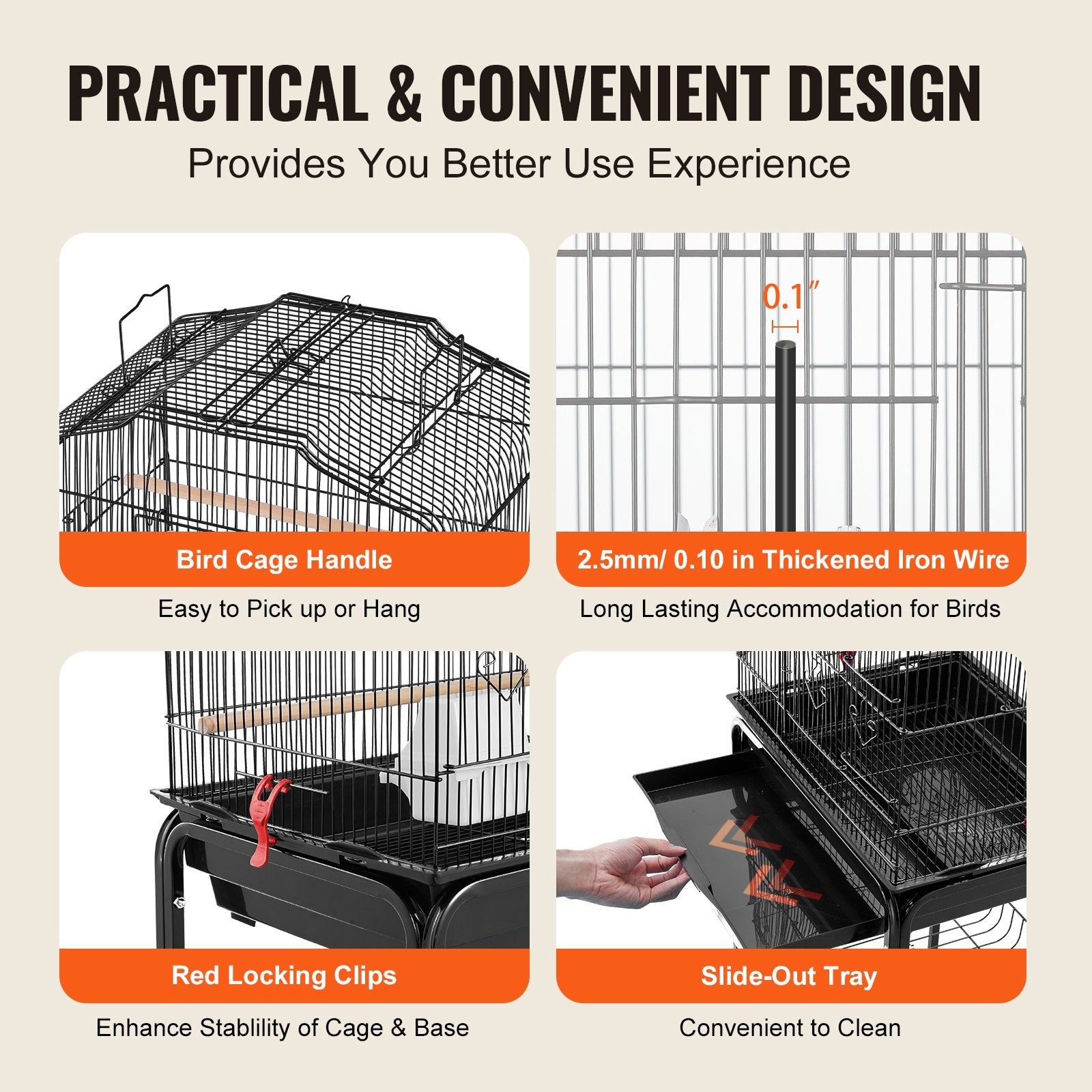 Large Bird Cage, 62 in Open Top Parakeet Cage with Rolling Stand