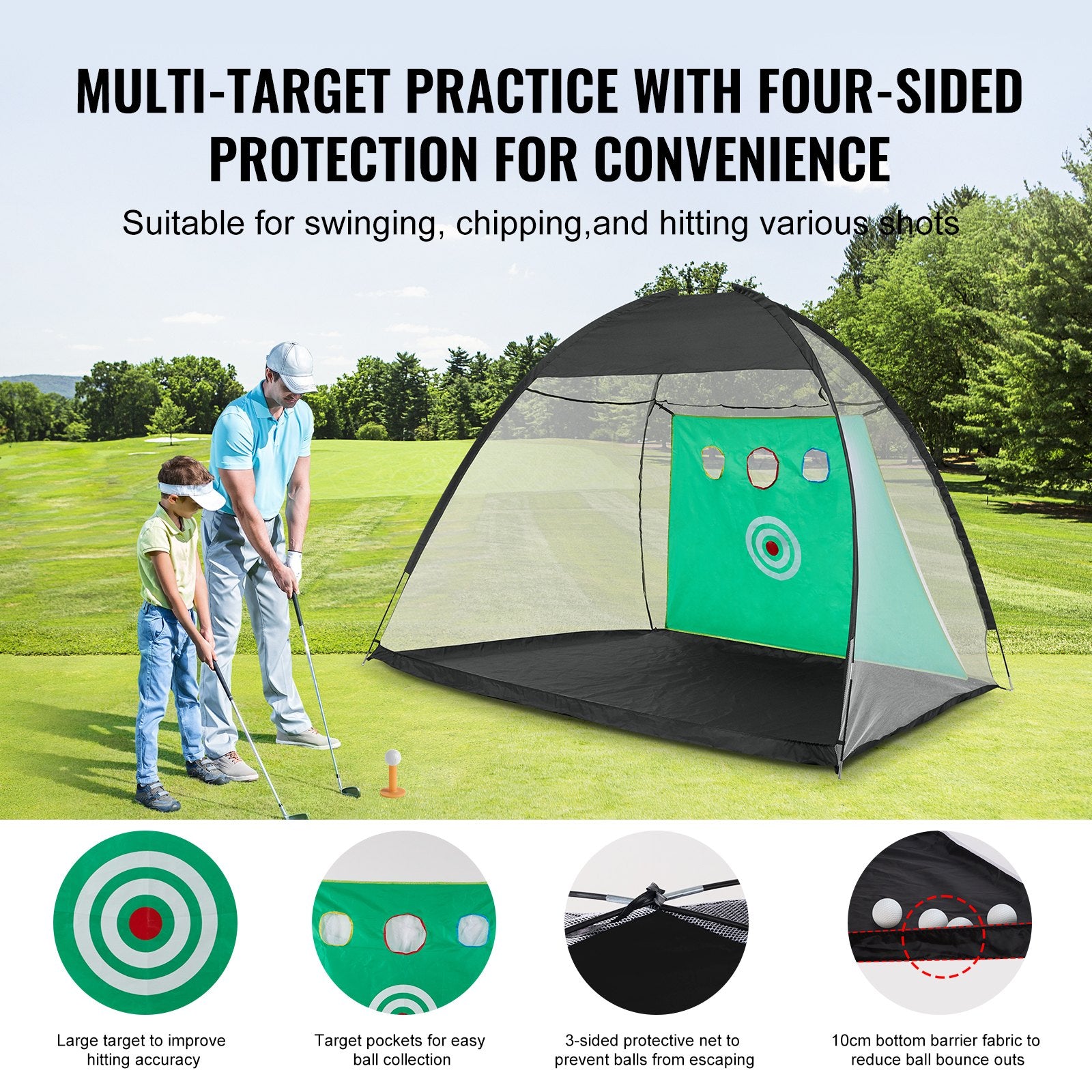 Golf Net 10x7ft All-in-1 Practice Net with Target Mats Balls Tee Club Bag