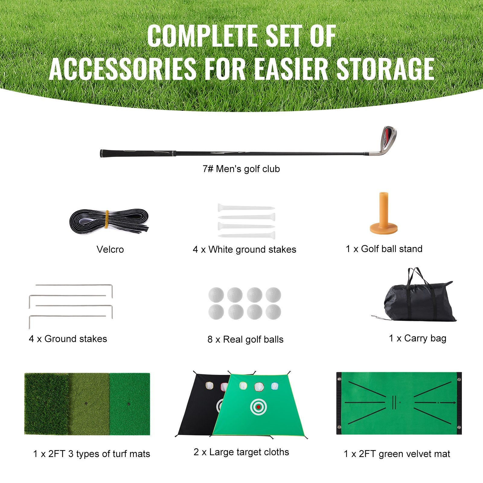 Golf Net 10x7ft All-in-1 Practice Net with Target Mats Balls Tee Club Bag