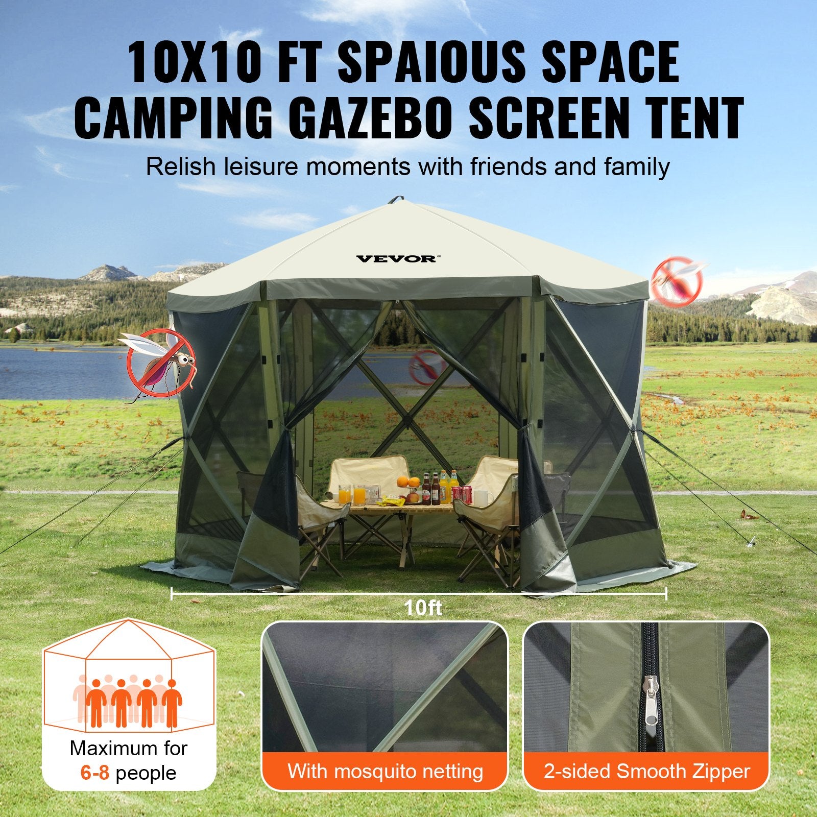 Pop Up Gazebo Tent 10x10FT 6 Sided Screen Canopy with Removable Cloth Army Green
