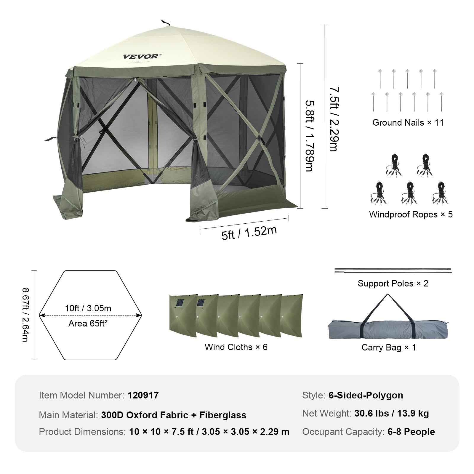 Pop Up Gazebo Tent 10x10FT 6 Sided Screen Canopy with Removable Cloth Army Green