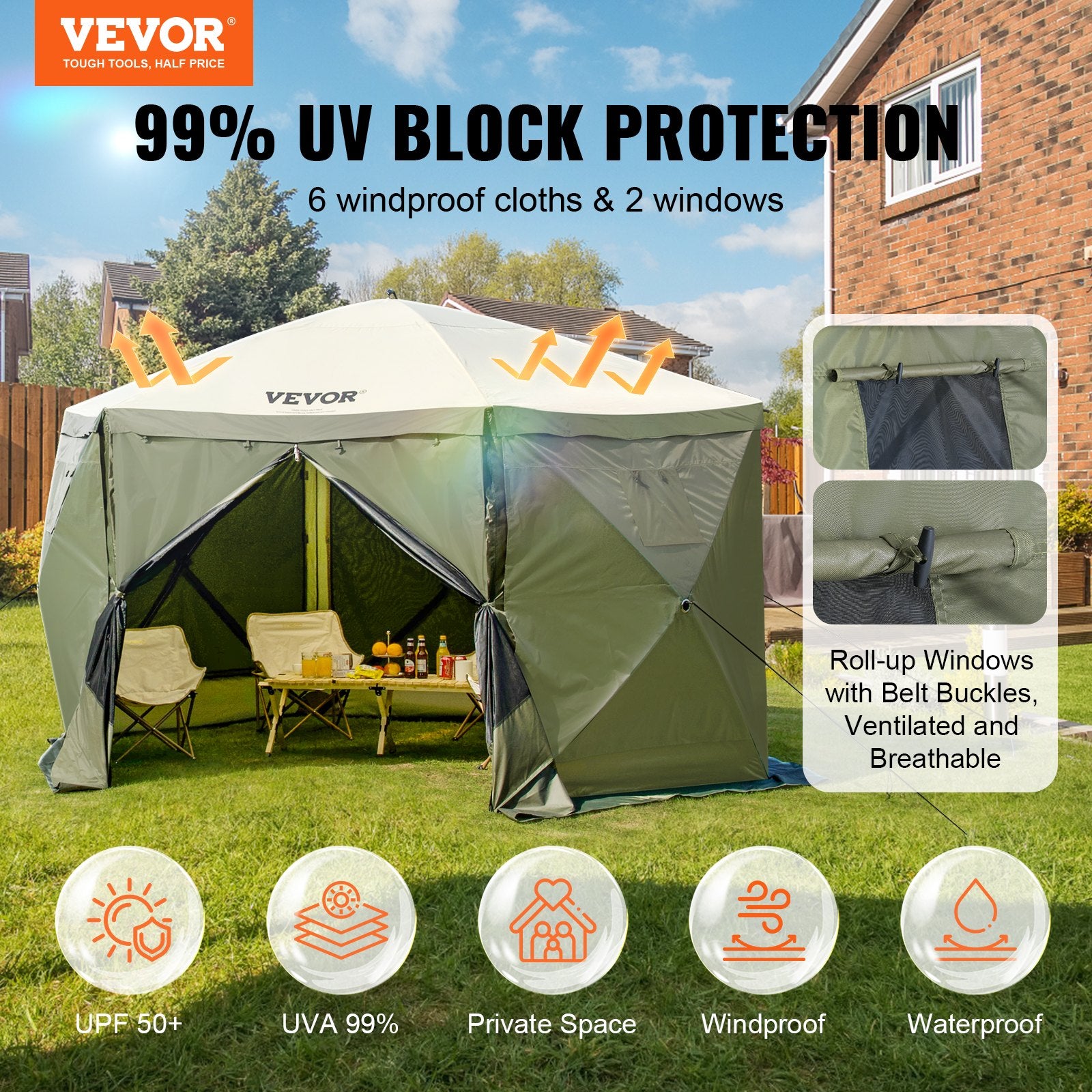 Pop Up Gazebo Tent 12x12FT 6 Sided Screen Canopy with Removable Cloths Army