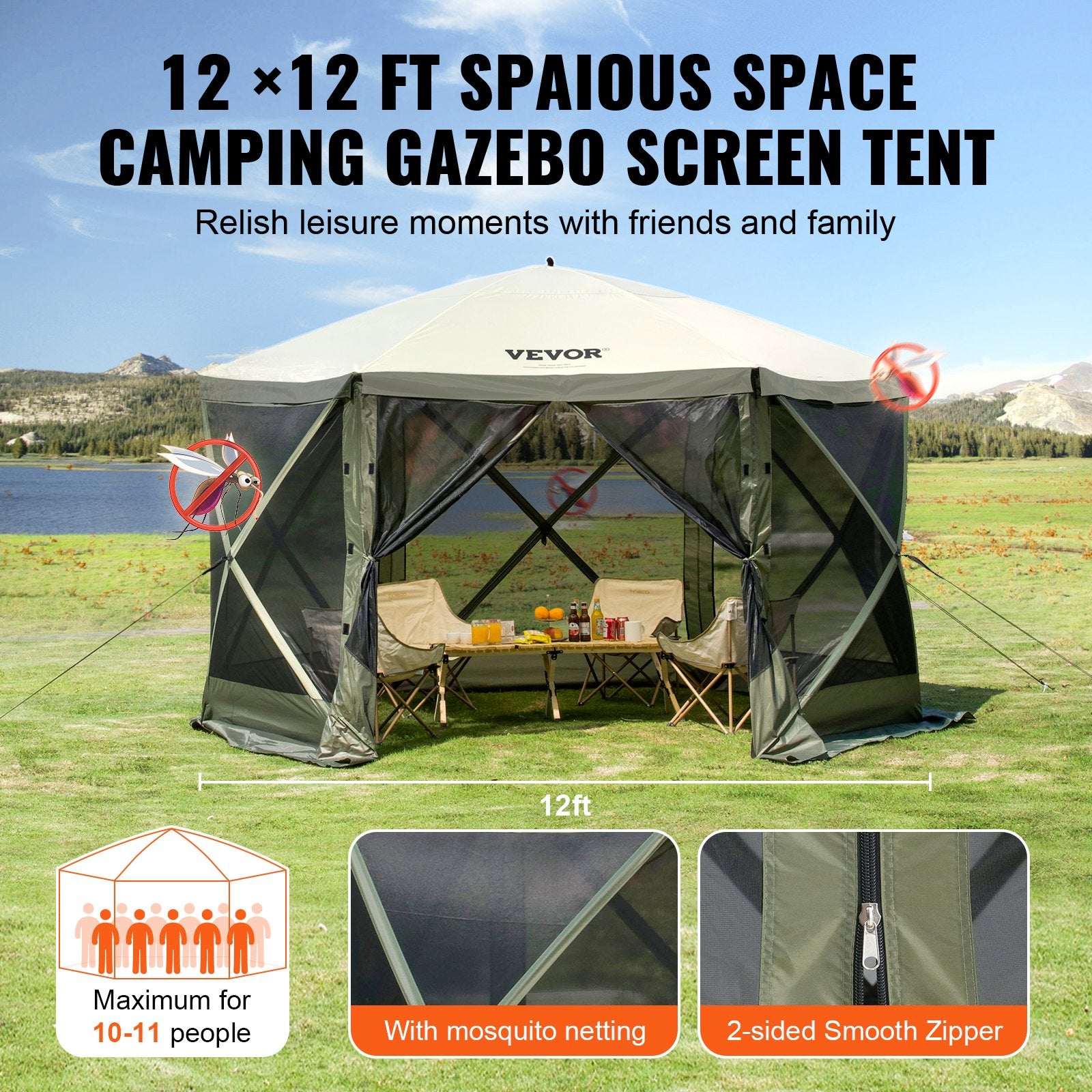 Pop Up Gazebo Tent 12x12FT 6 Sided Screen Canopy with Removable Cloths Army