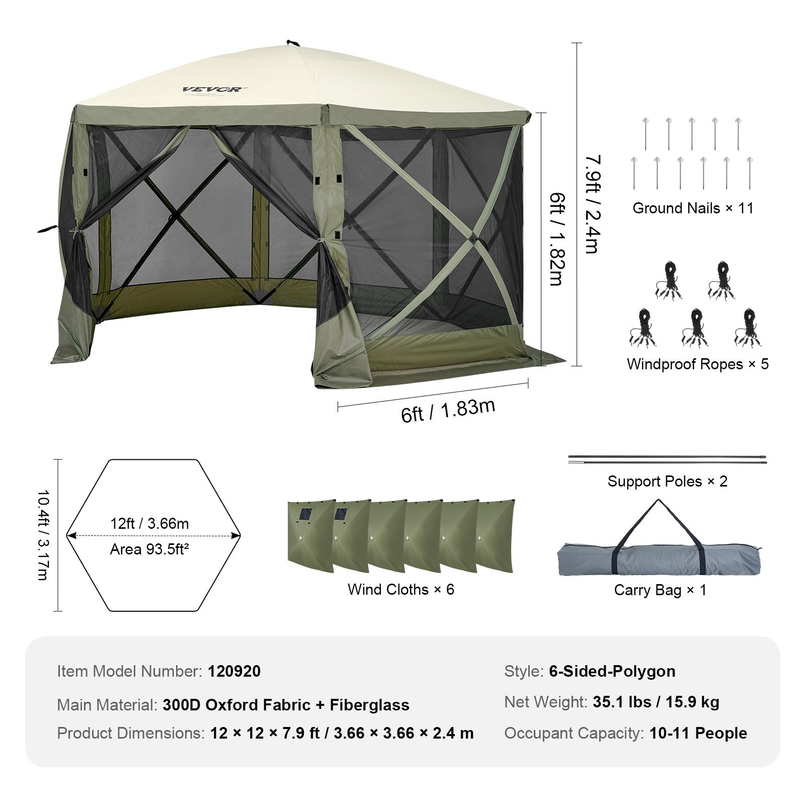 Pop Up Gazebo Tent 12x12FT 6 Sided Screen Canopy with Removable Cloths Army