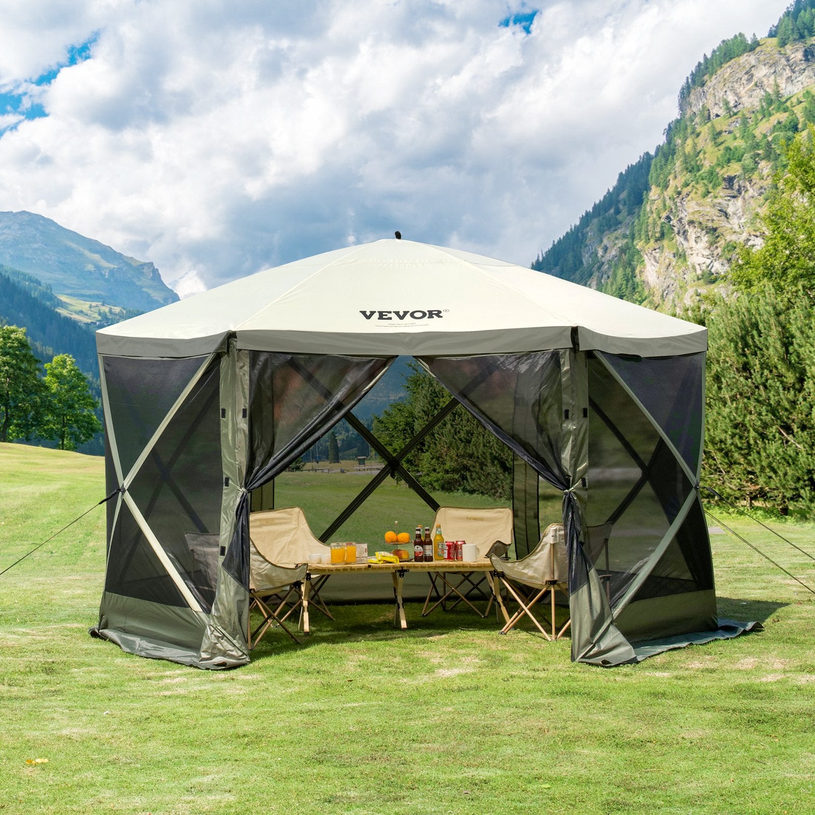 Pop Up Gazebo Tent 12x12FT 6 Sided Screen Canopy with Removable Cloths Army